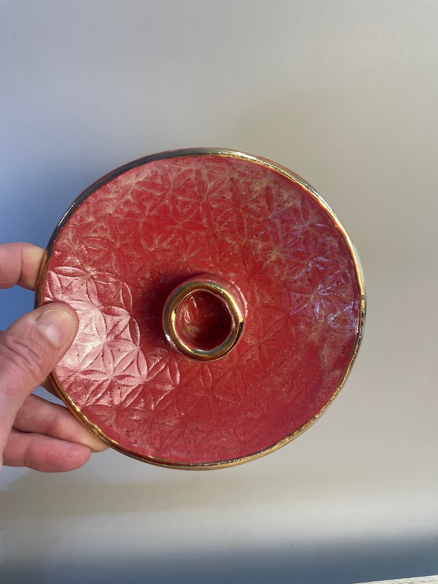 Flower of life handmade red with gold rim ceramic palo santo holder