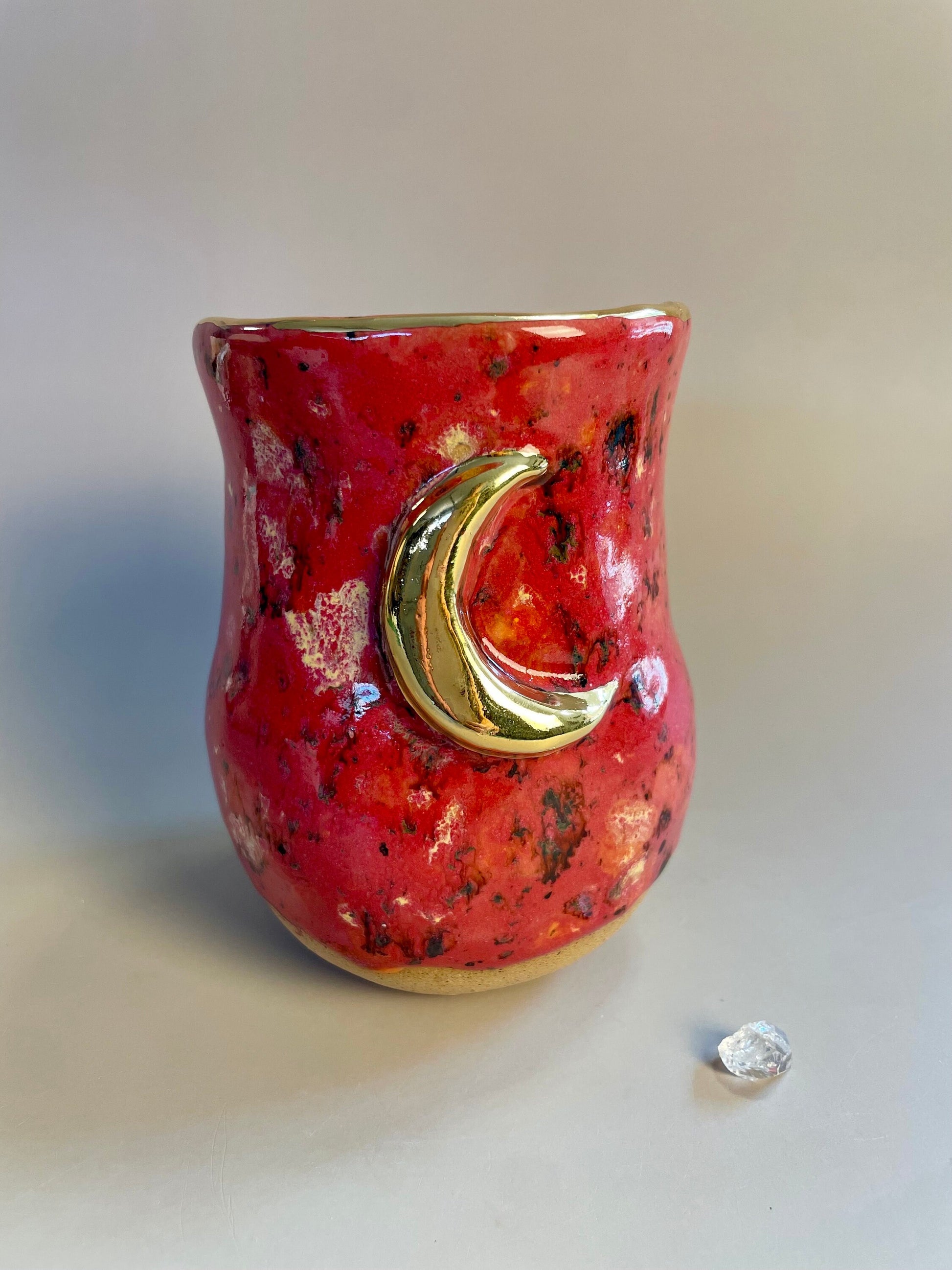 Handmade ceramic raspberry gold moon vase