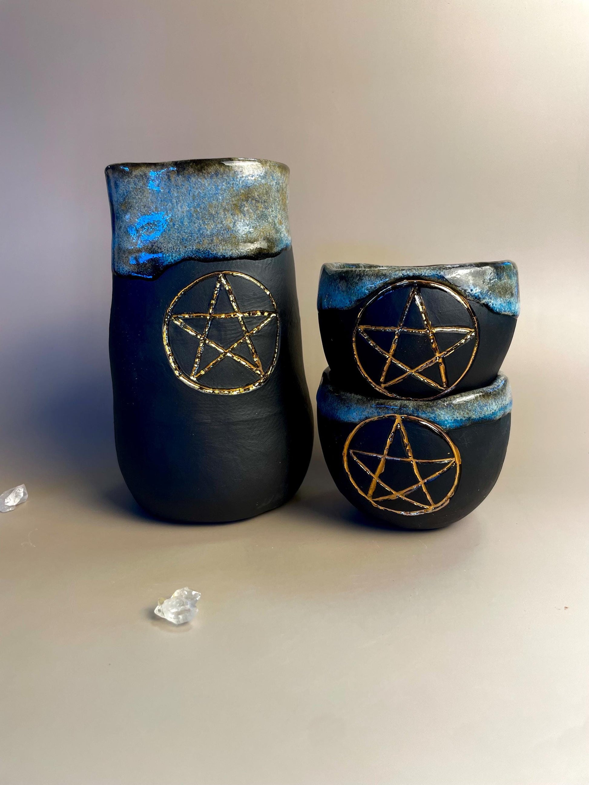 Handmade Gold Pentacle Ceramic Cups