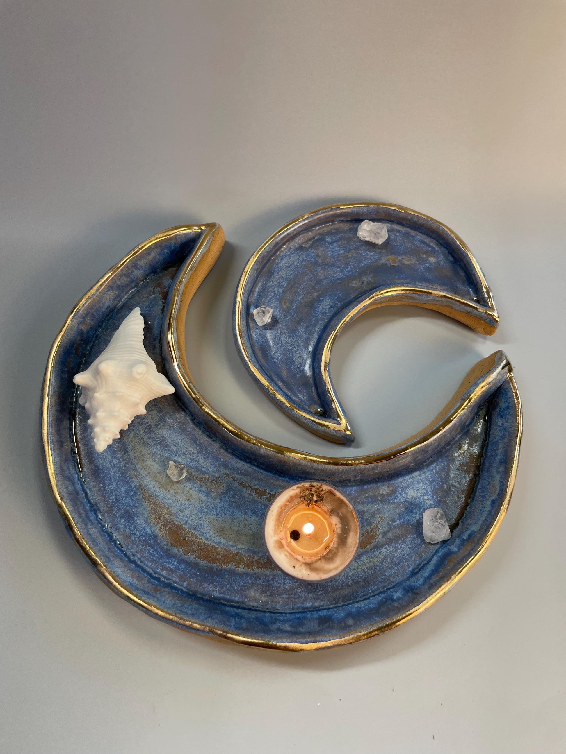 Handmade ceramic small blue and gold crescent moon dish