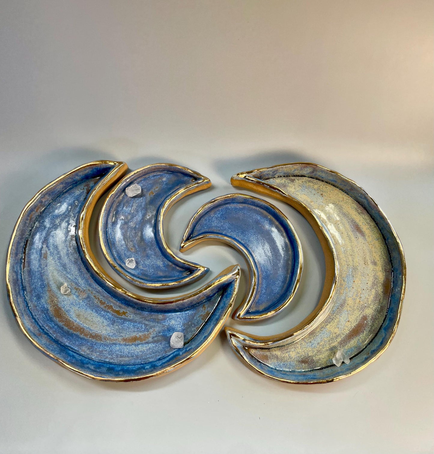 Handmade ceramic small blue and gold crescent moon dish