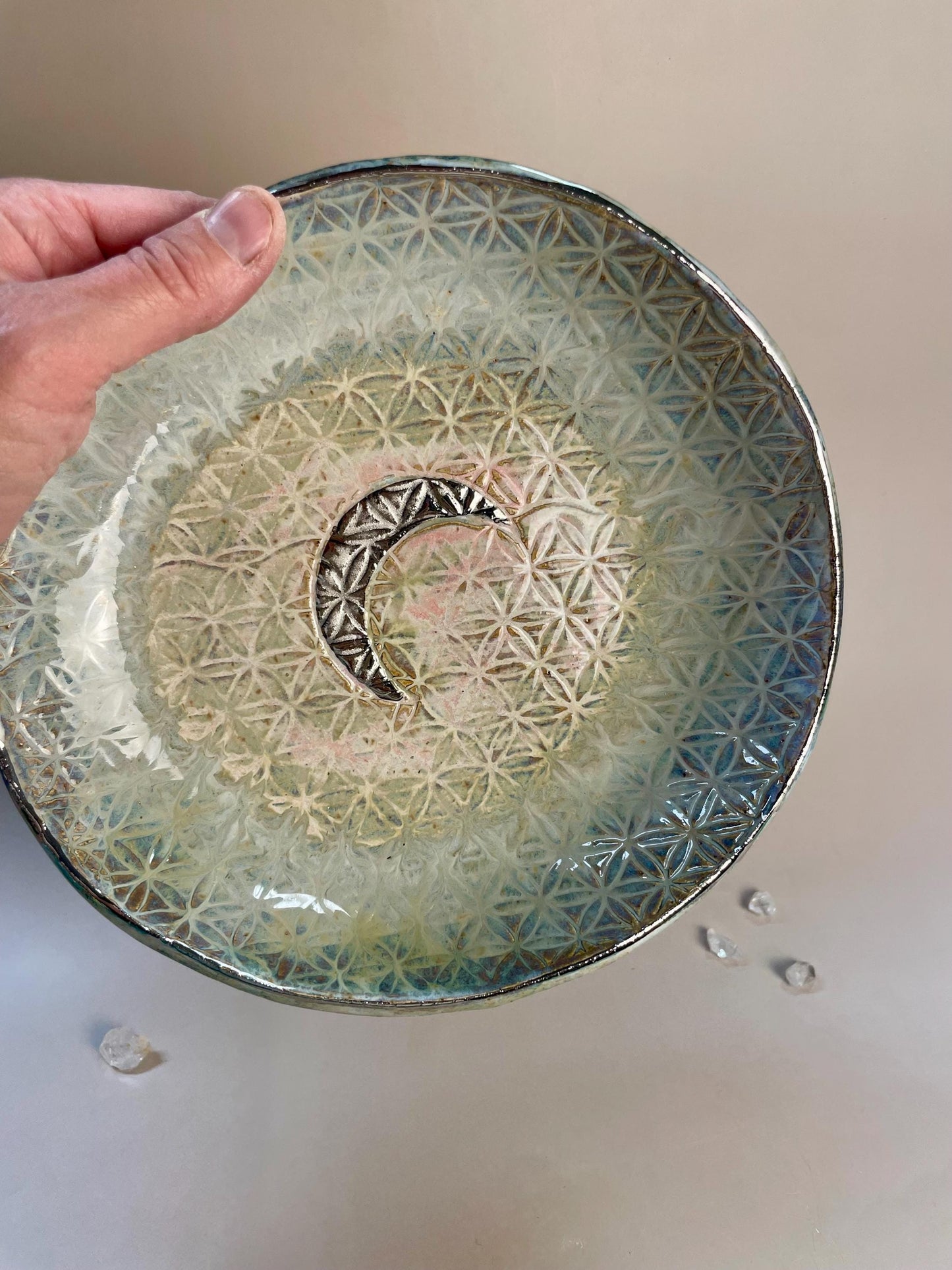 Handmade ceramic blush/aqua/gray flower of life silver crescent moon dish