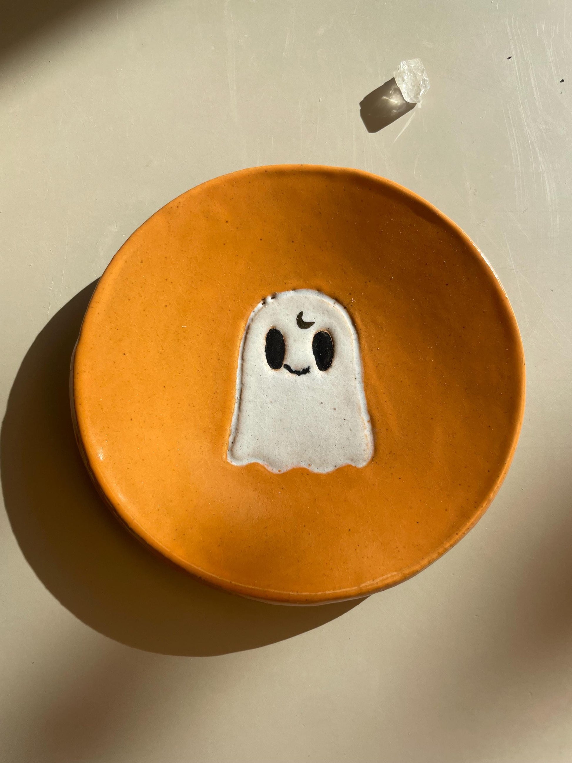 Handmade Ghost Dishes with Gold Crescent Moon – Halloween Decor and Ritual Dish