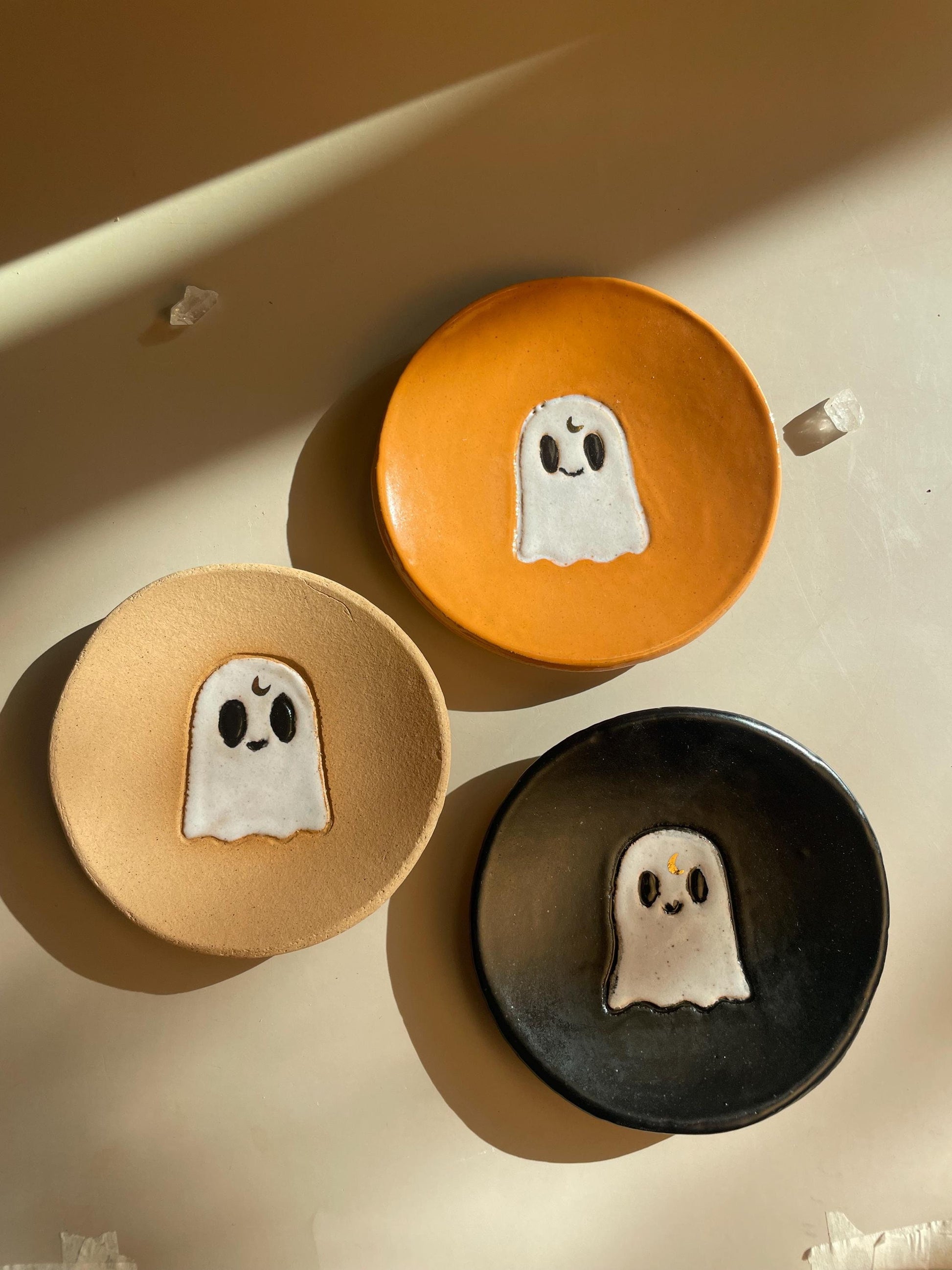 Handmade Ghost Dishes with Gold Crescent Moon – Halloween Decor and Ritual Dish