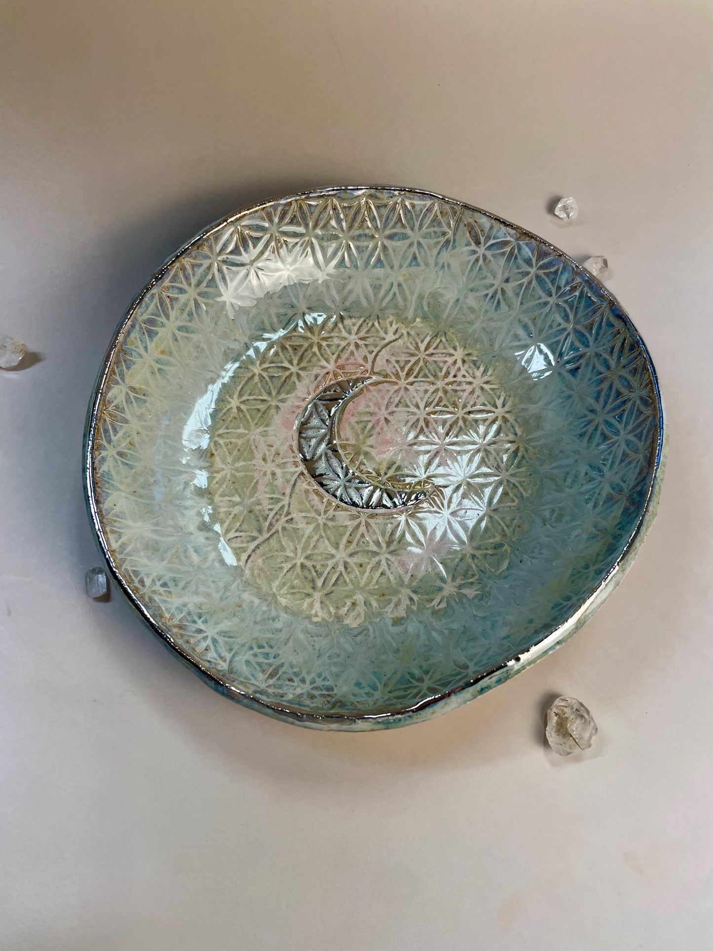 Handmade ceramic blush/aqua/gray flower of life silver crescent moon dish