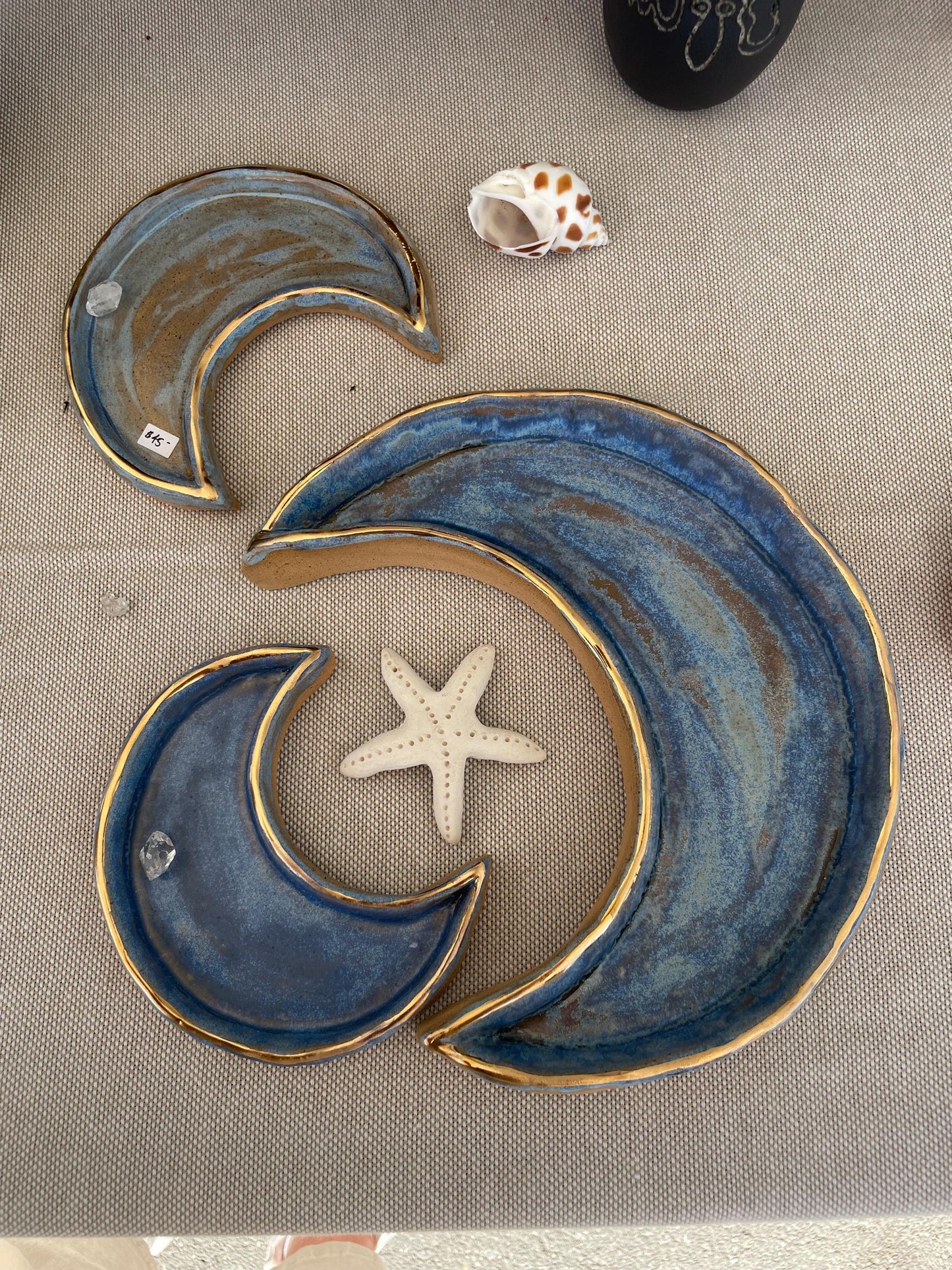 Handmade ceramic small blue and gold crescent moon dish