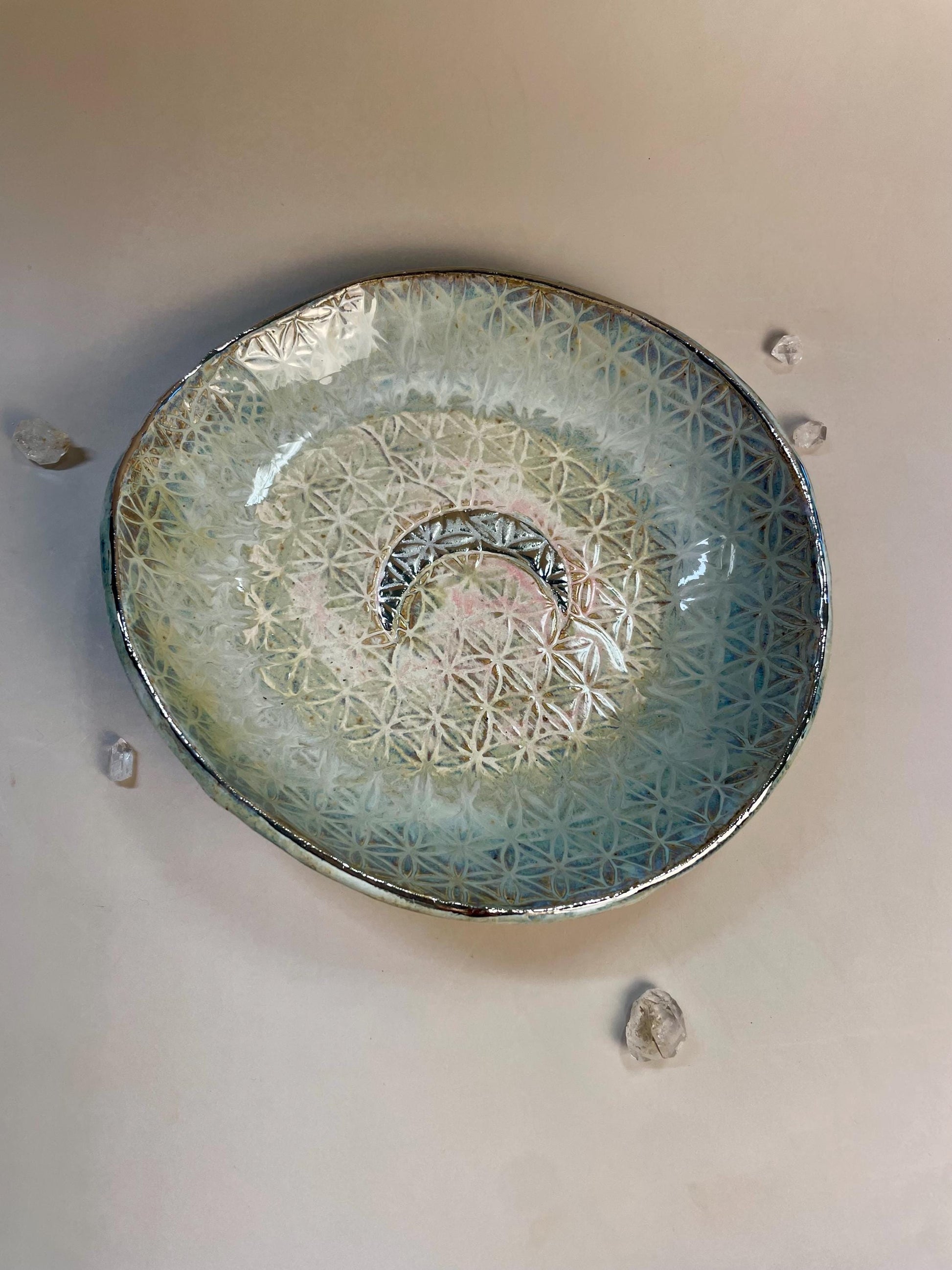 Handmade ceramic blush/aqua/gray flower of life silver crescent moon dish