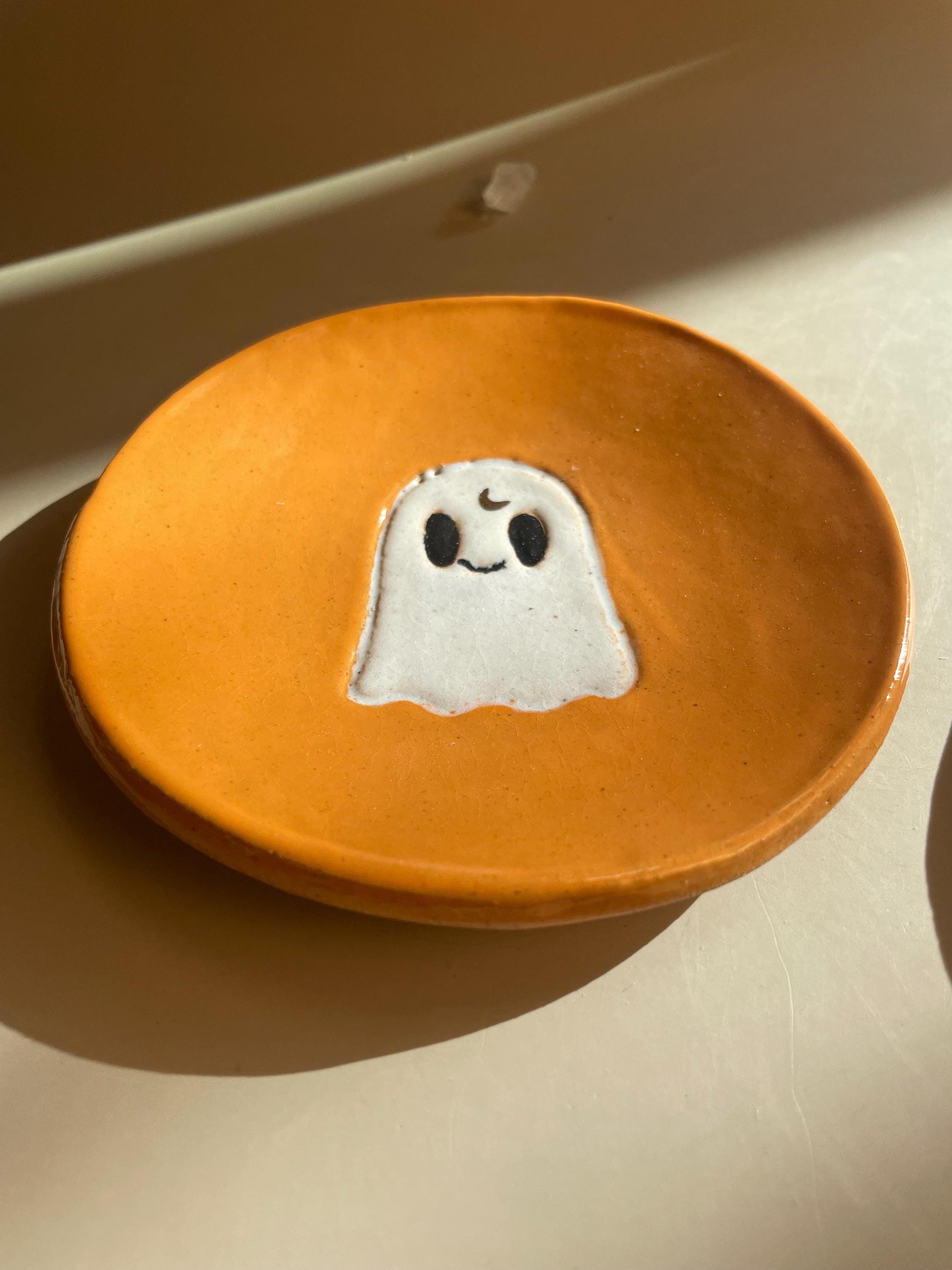 Handmade Ghost Dishes with Gold Crescent Moon – Halloween Decor and Ritual Dish