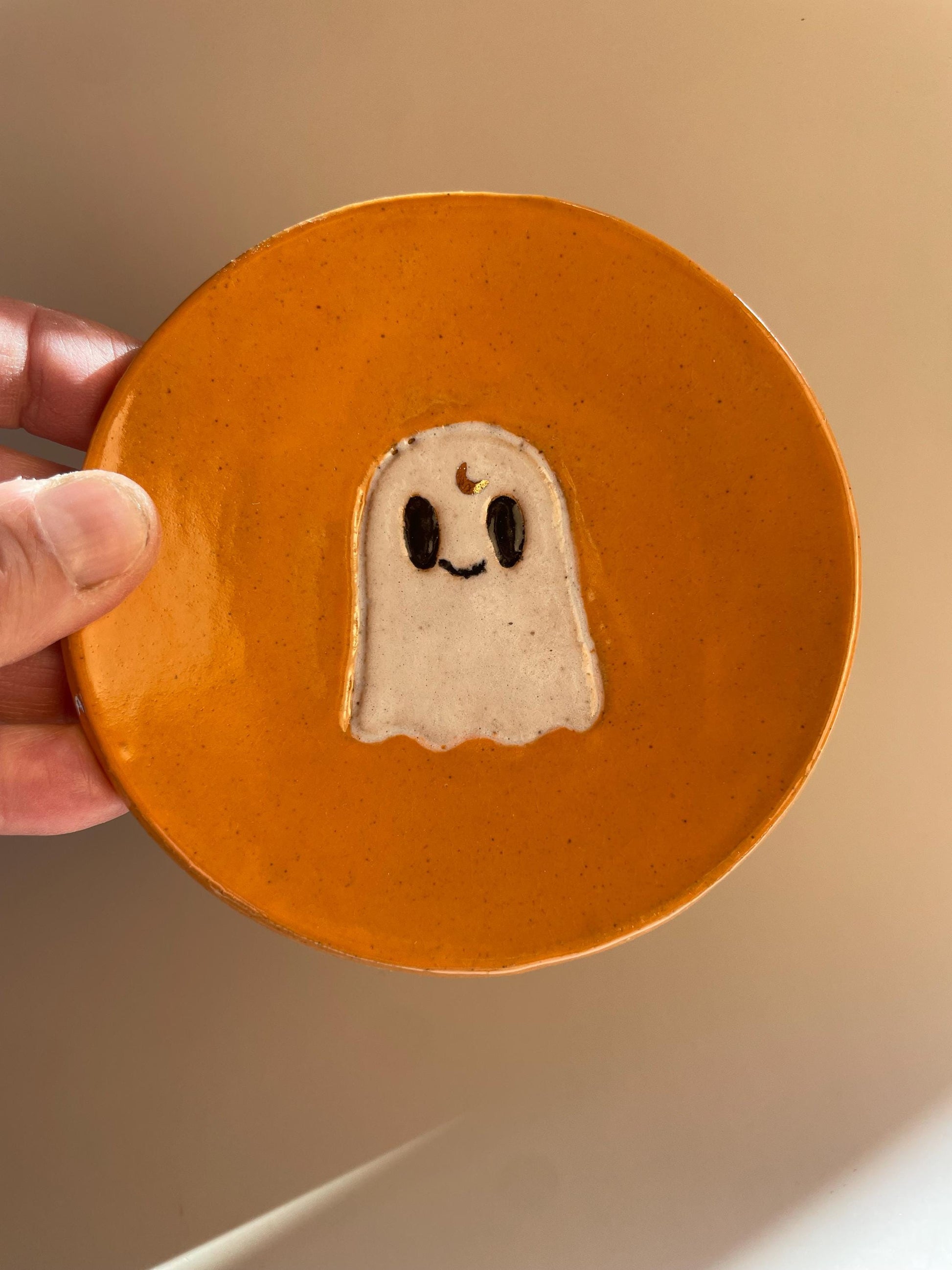 Handmade Ghost Dishes with Gold Crescent Moon – Halloween Decor and Ritual Dish