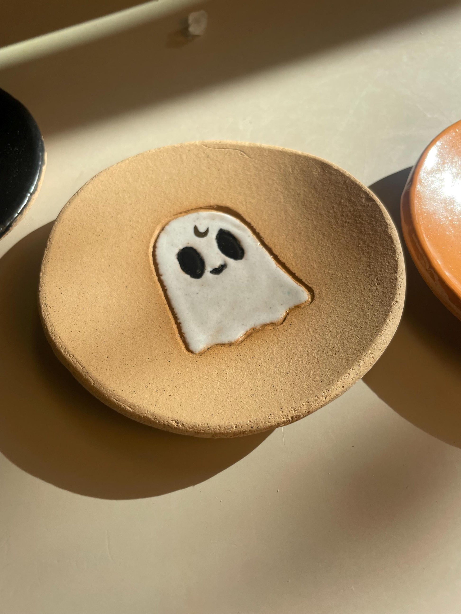 Handmade Ghost Dishes with Gold Crescent Moon – Halloween Decor and Ritual Dish