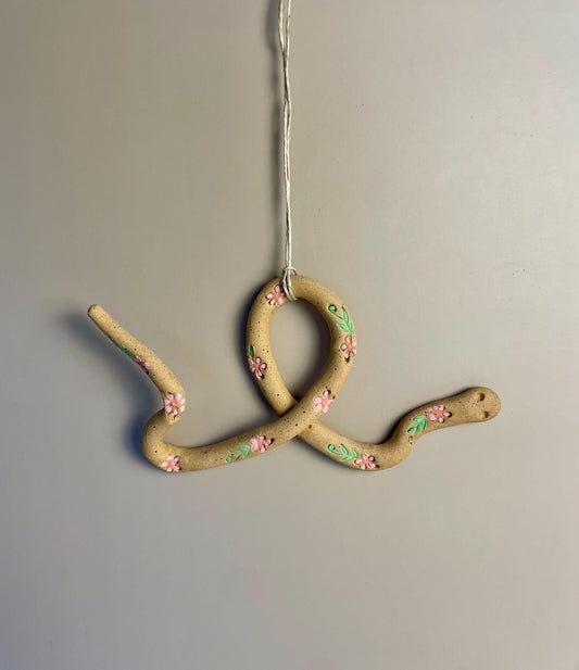 Handmade ceramic pink flower hanging Snake Talisman