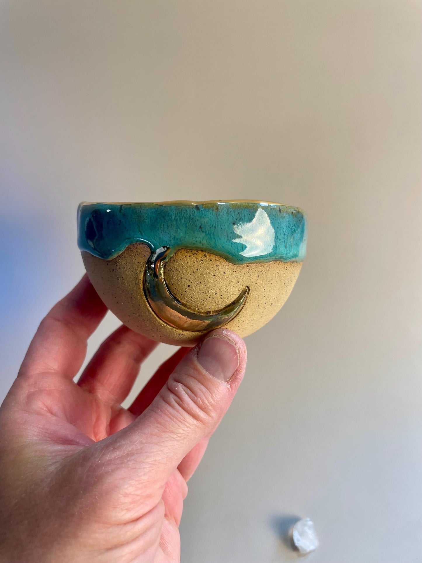Handmade ceramic turquoise and blue gold crescent moon cup