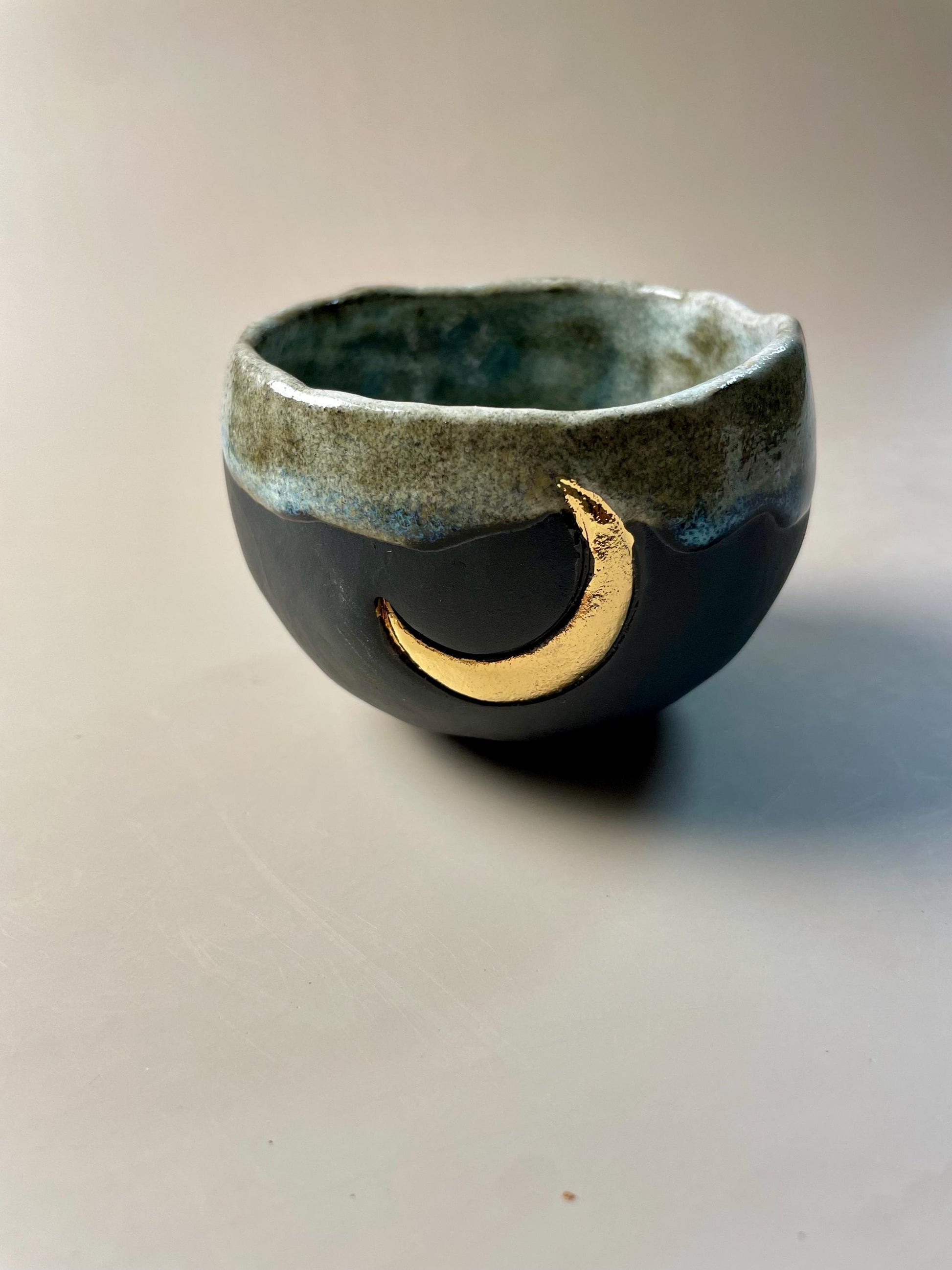 Handmade ceramic dark clay aqua gray gold crescent moon cup