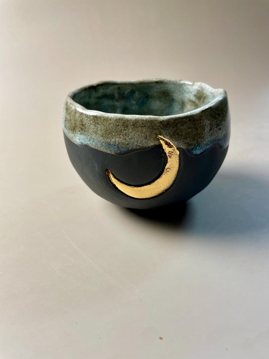 Handmade ceramic dark clay aqua gray gold crescent moon cup