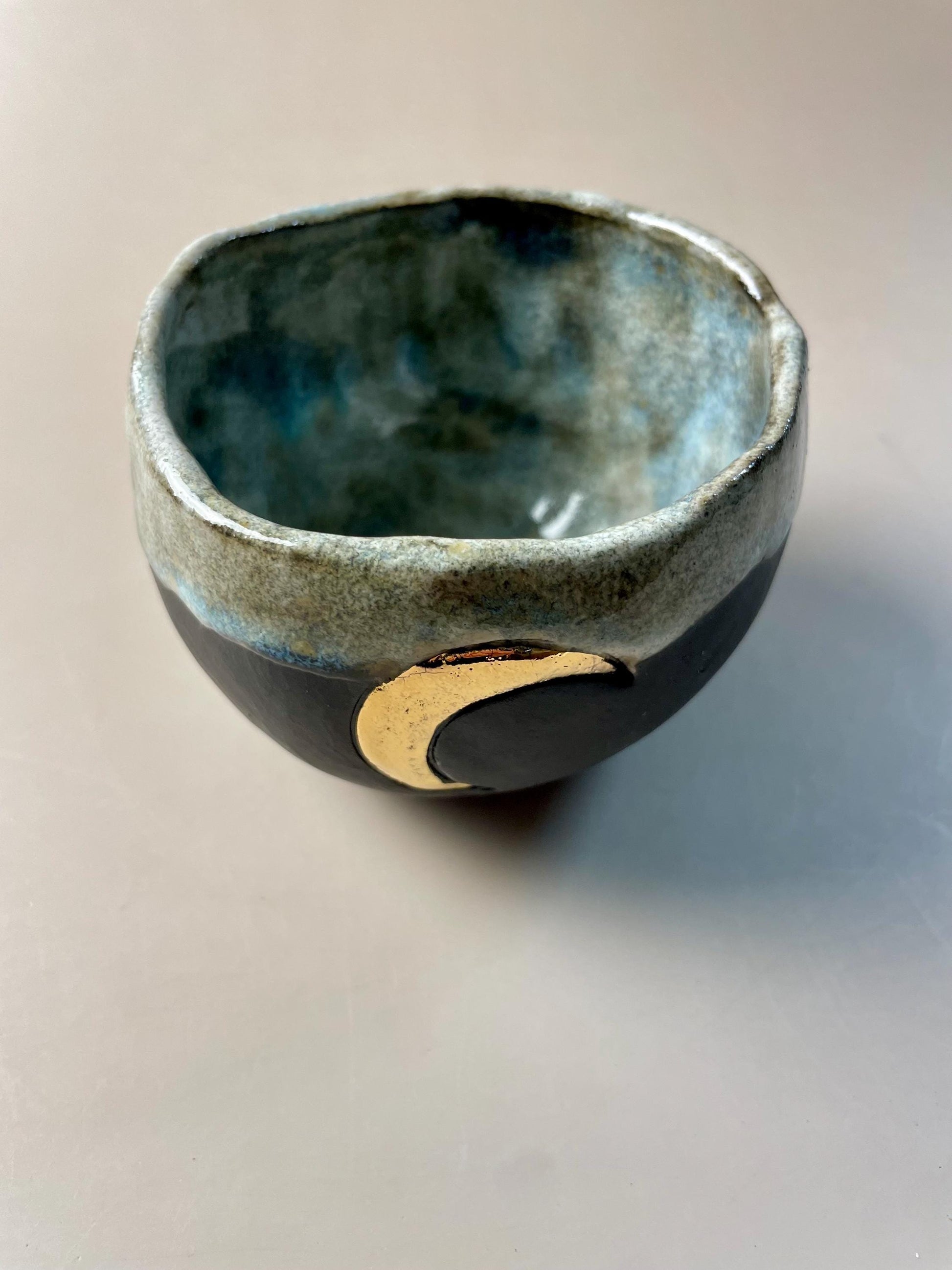 Handmade ceramic dark clay aqua gray gold crescent moon cup