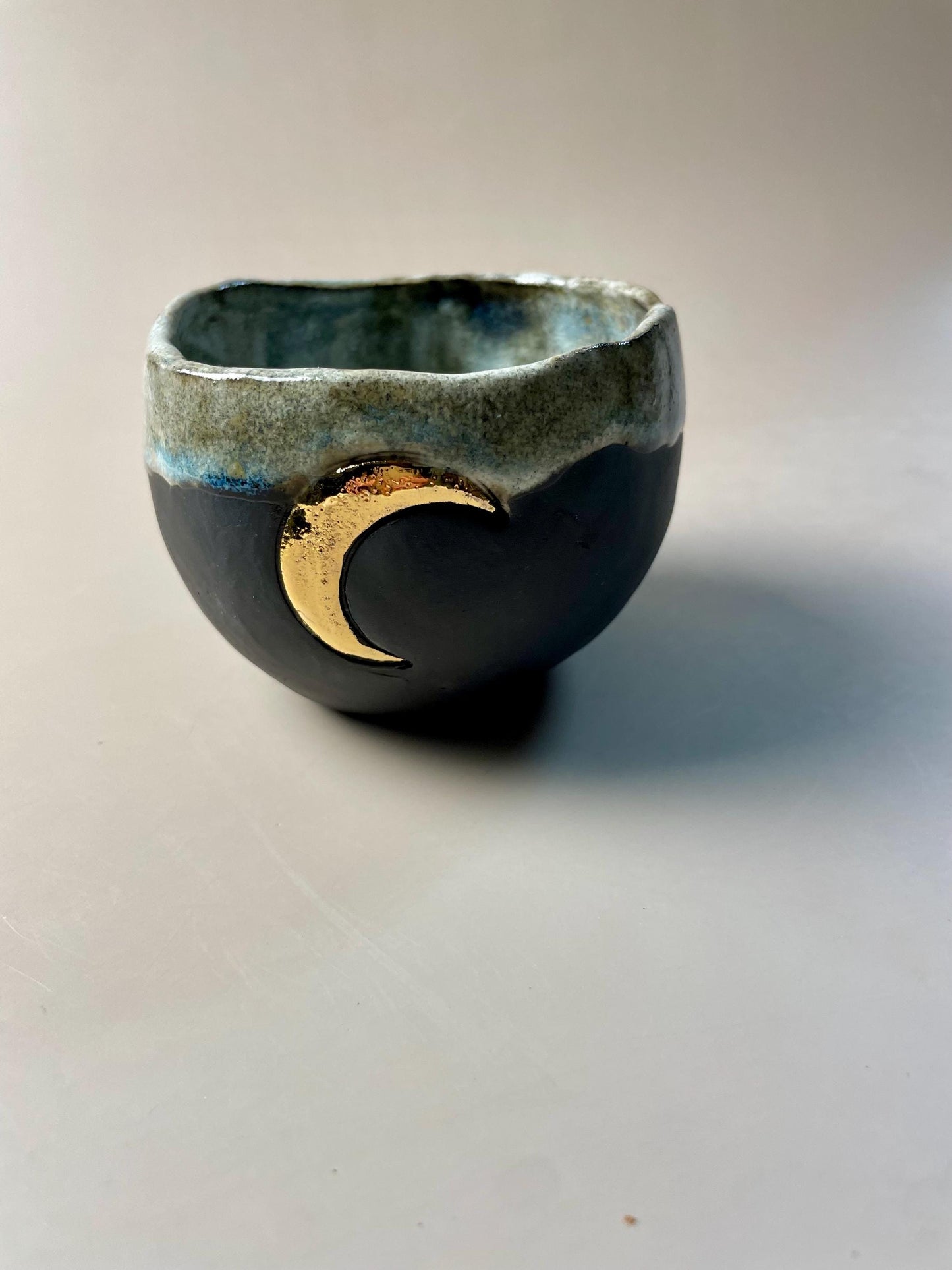 Handmade ceramic dark clay aqua gray gold crescent moon cup