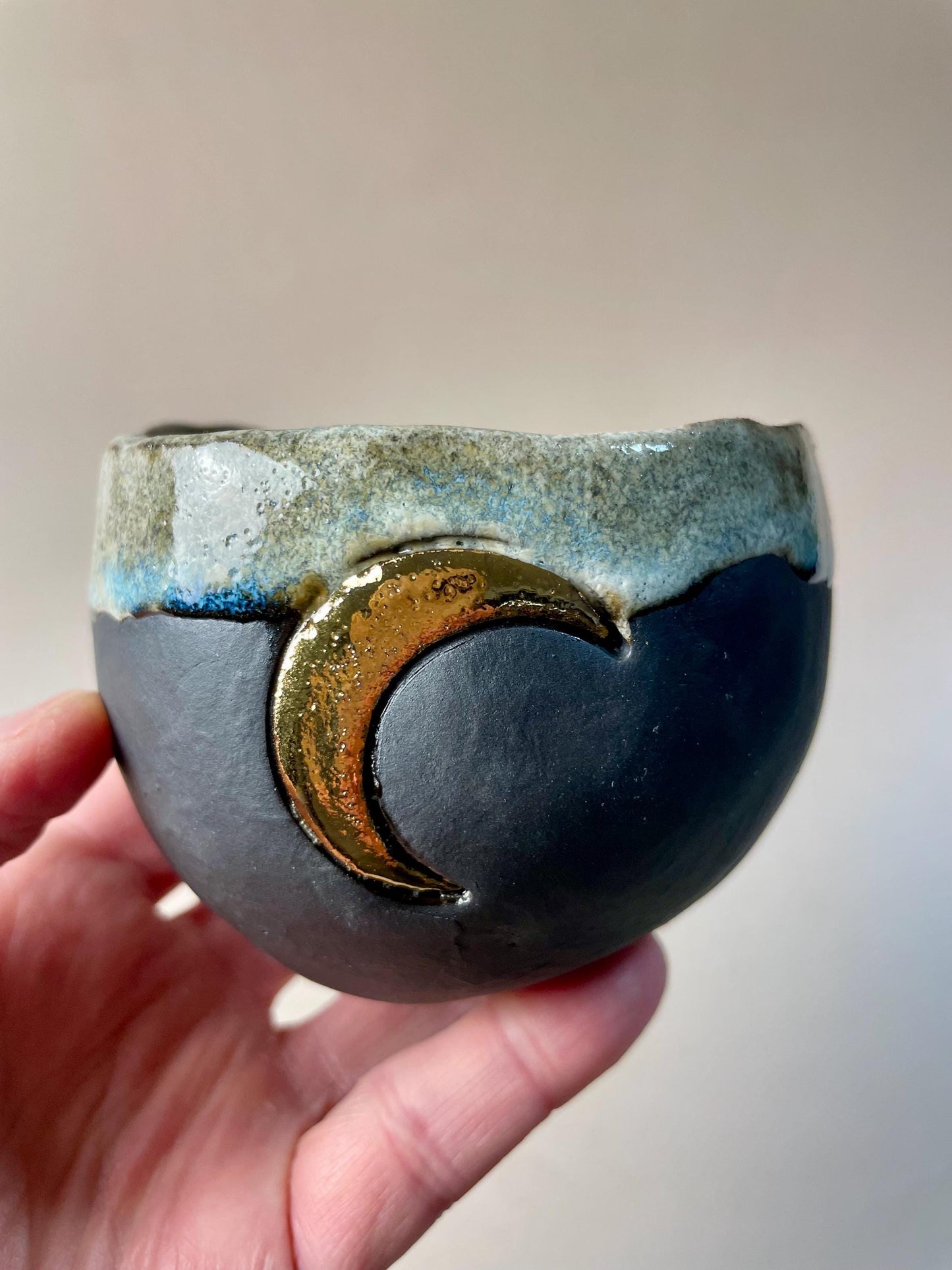 Handmade ceramic dark clay aqua gray gold crescent moon cup