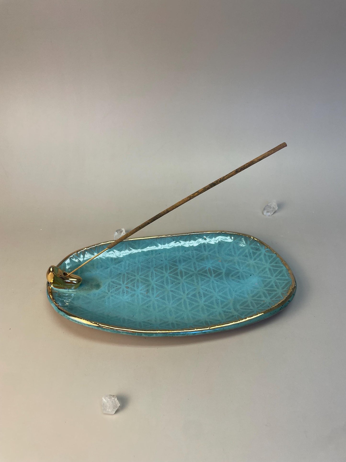 Handmade turquoise ceramic good moon incense dish and crystal charger