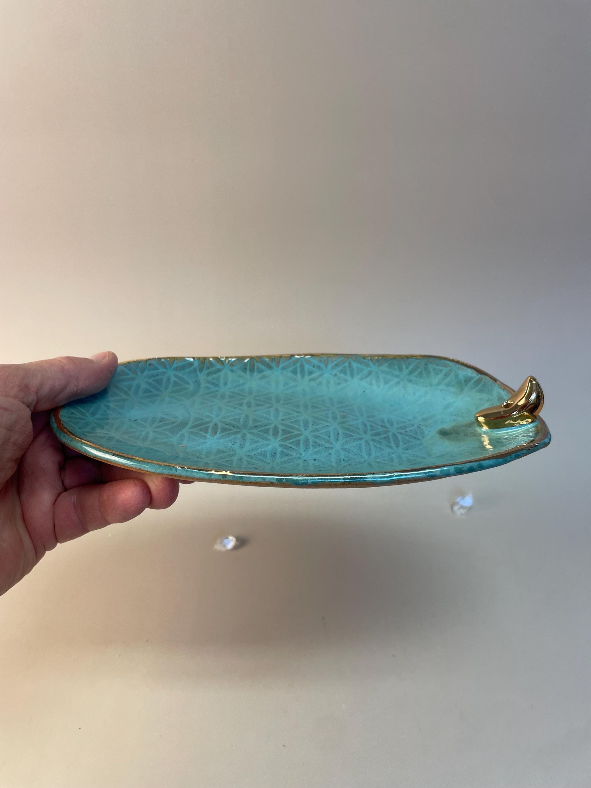 Handmade turquoise ceramic good moon incense dish and crystal charger