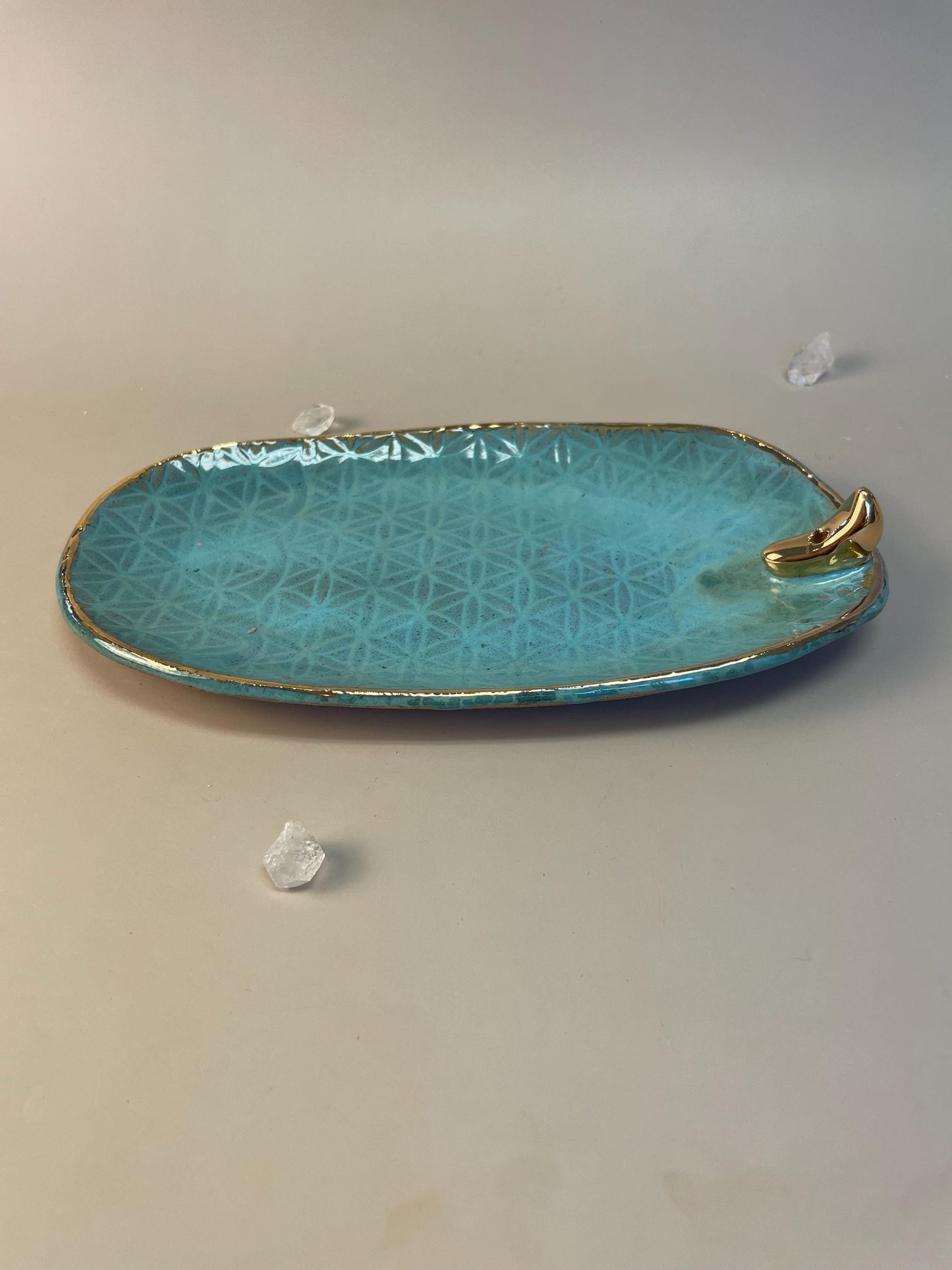 Handmade turquoise ceramic good moon incense dish and crystal charger