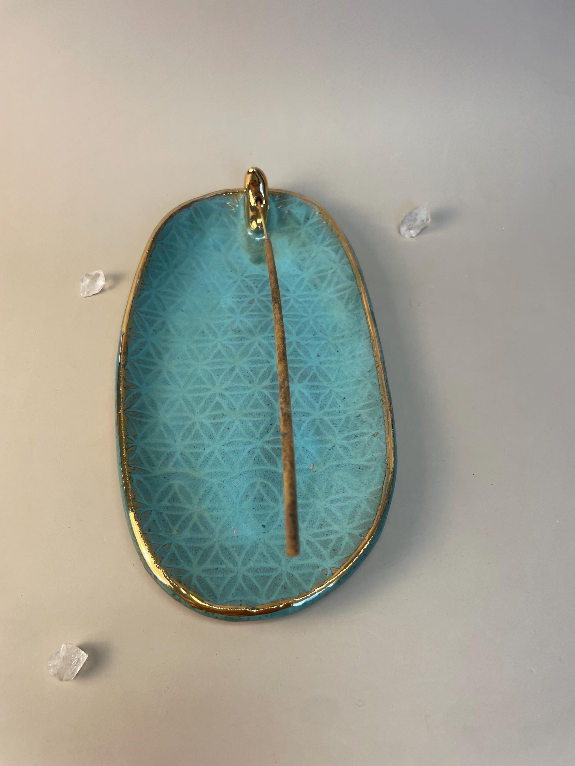 Handmade turquoise ceramic good moon incense dish and crystal charger