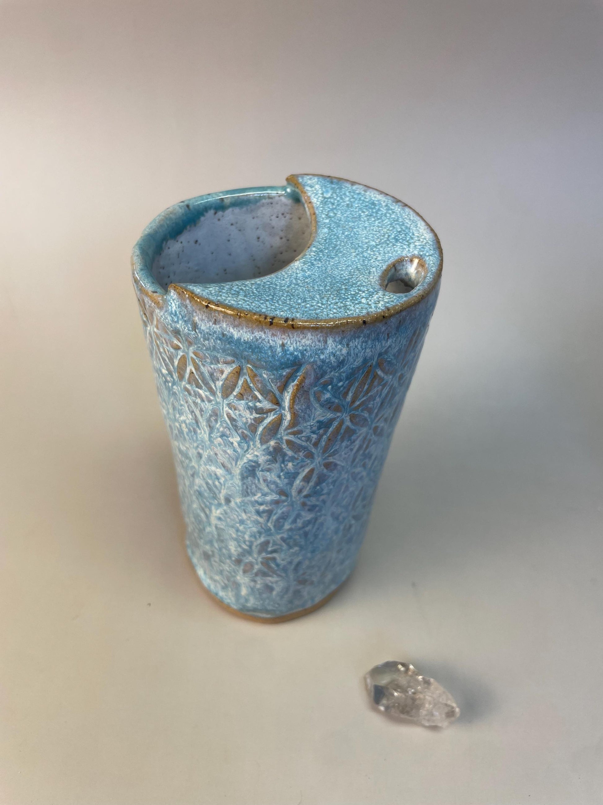 Handmade Ceramic To-Go Coffee/Tea Cup with Flower of Life in Aqua Blue