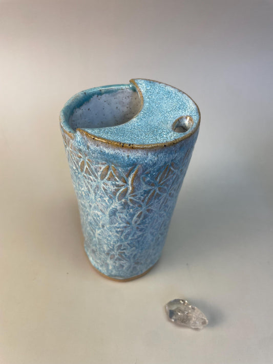 Handmade Ceramic To-Go Coffee/Tea Cup with Flower of Life in Aqua Blue