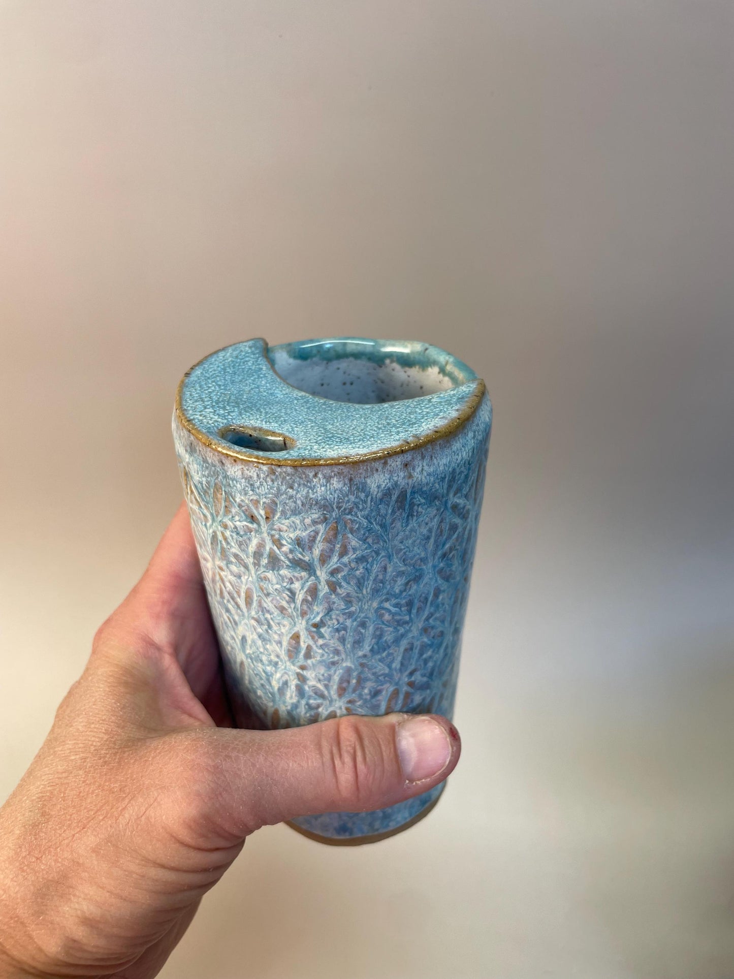 Handmade Ceramic To-Go Coffee/Tea Cup with Flower of Life in Aqua Blue