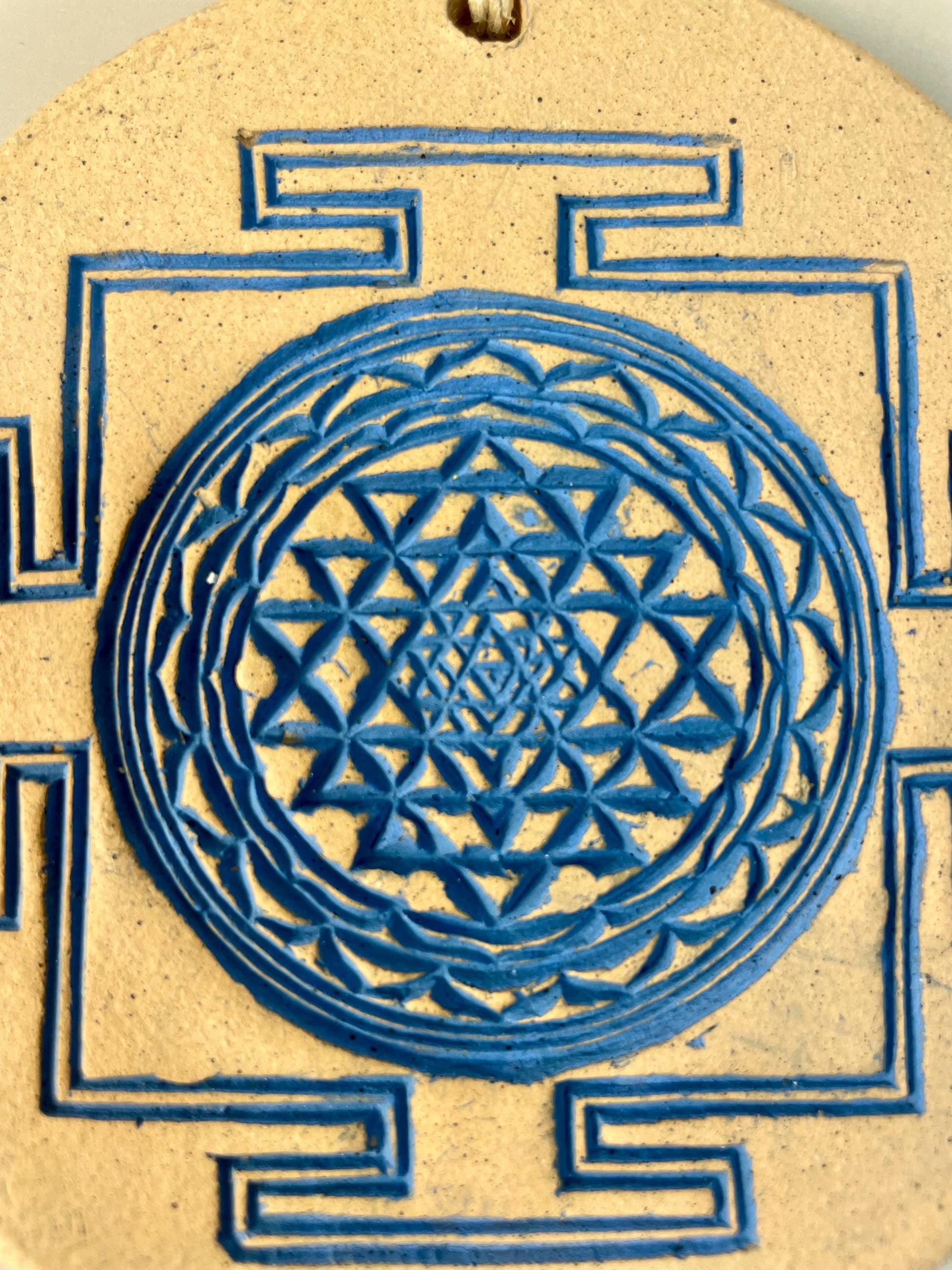 Sri Yantra indigo ceramic wall hanging