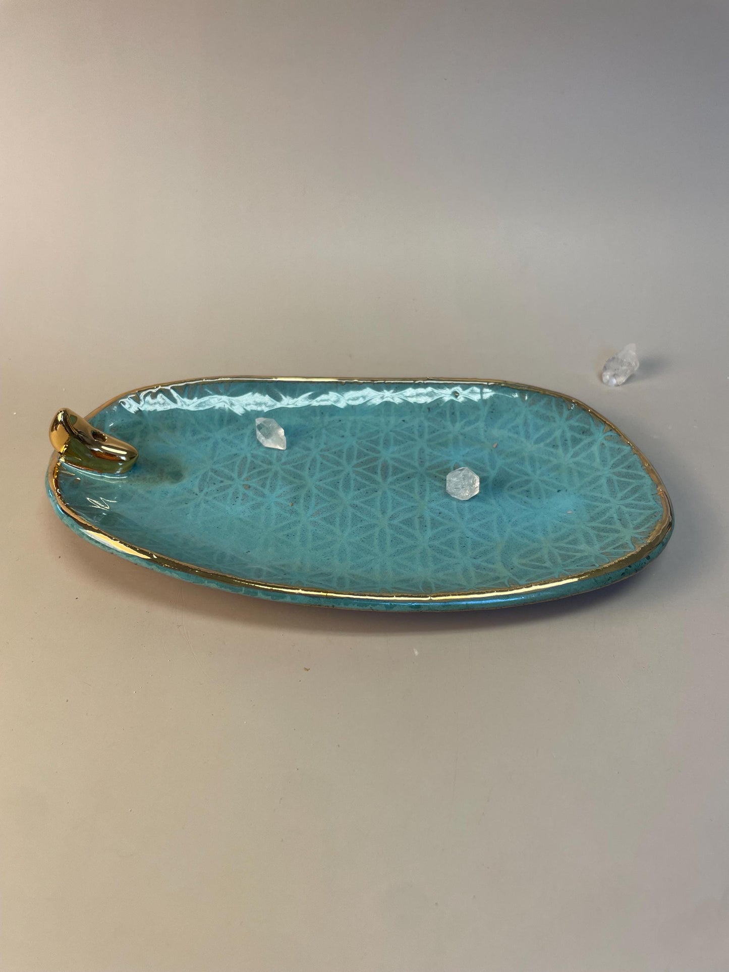 Handmade turquoise ceramic good moon incense dish and crystal charger