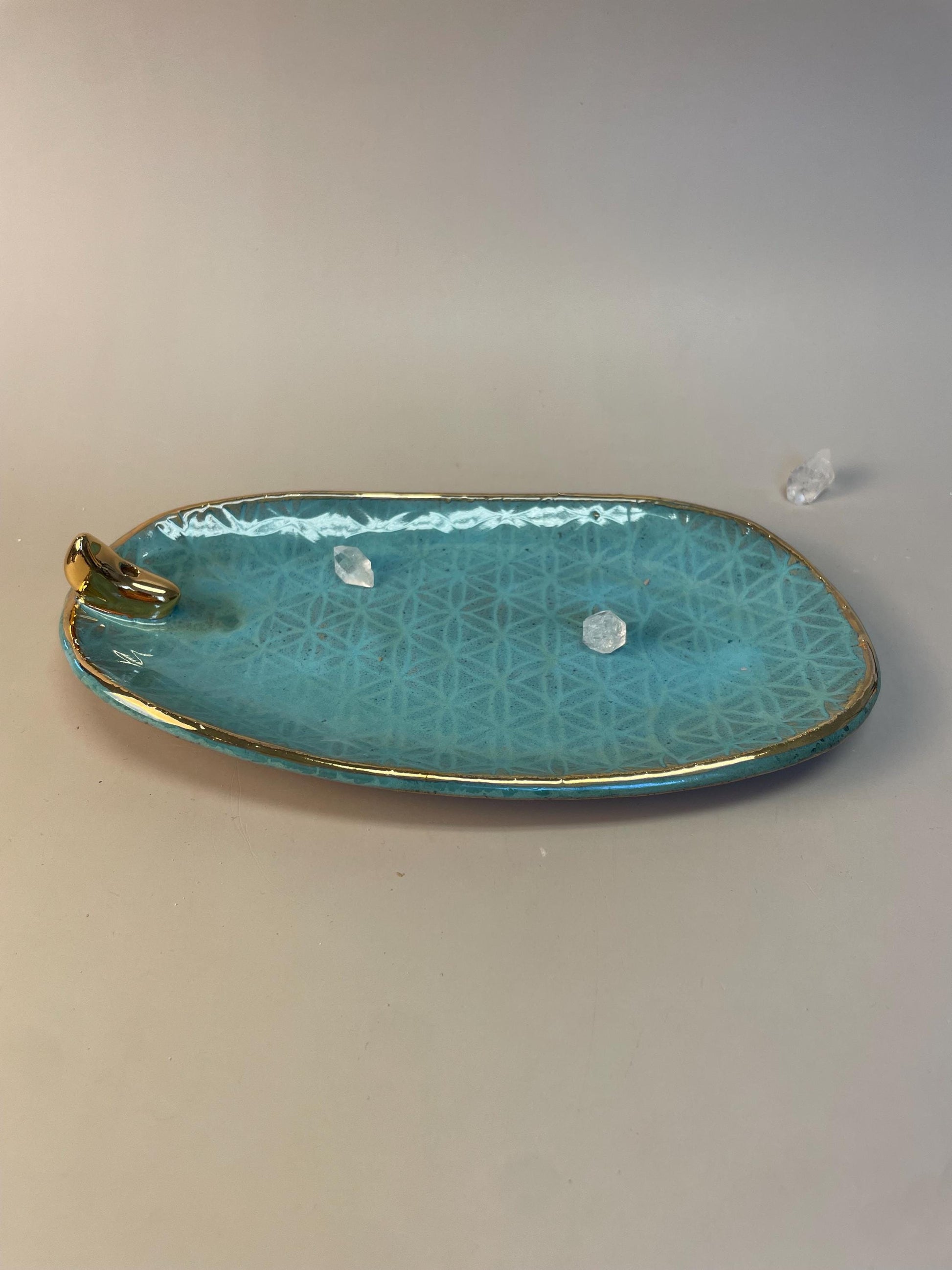 Handmade turquoise ceramic good moon incense dish and crystal charger