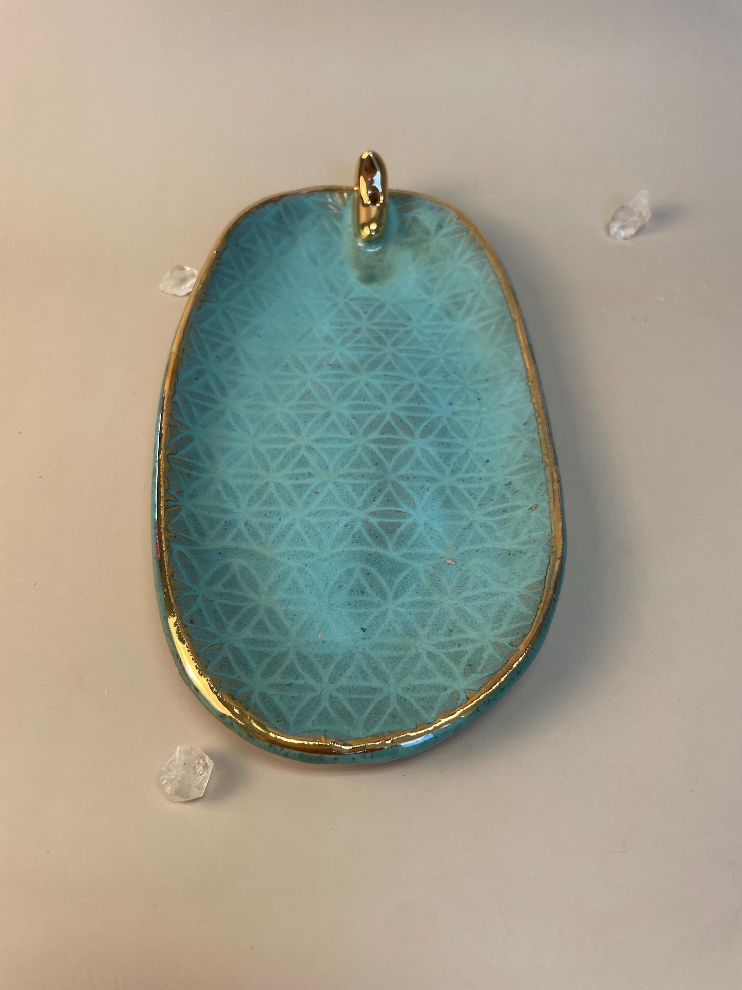 Handmade turquoise ceramic good moon incense dish and crystal charger