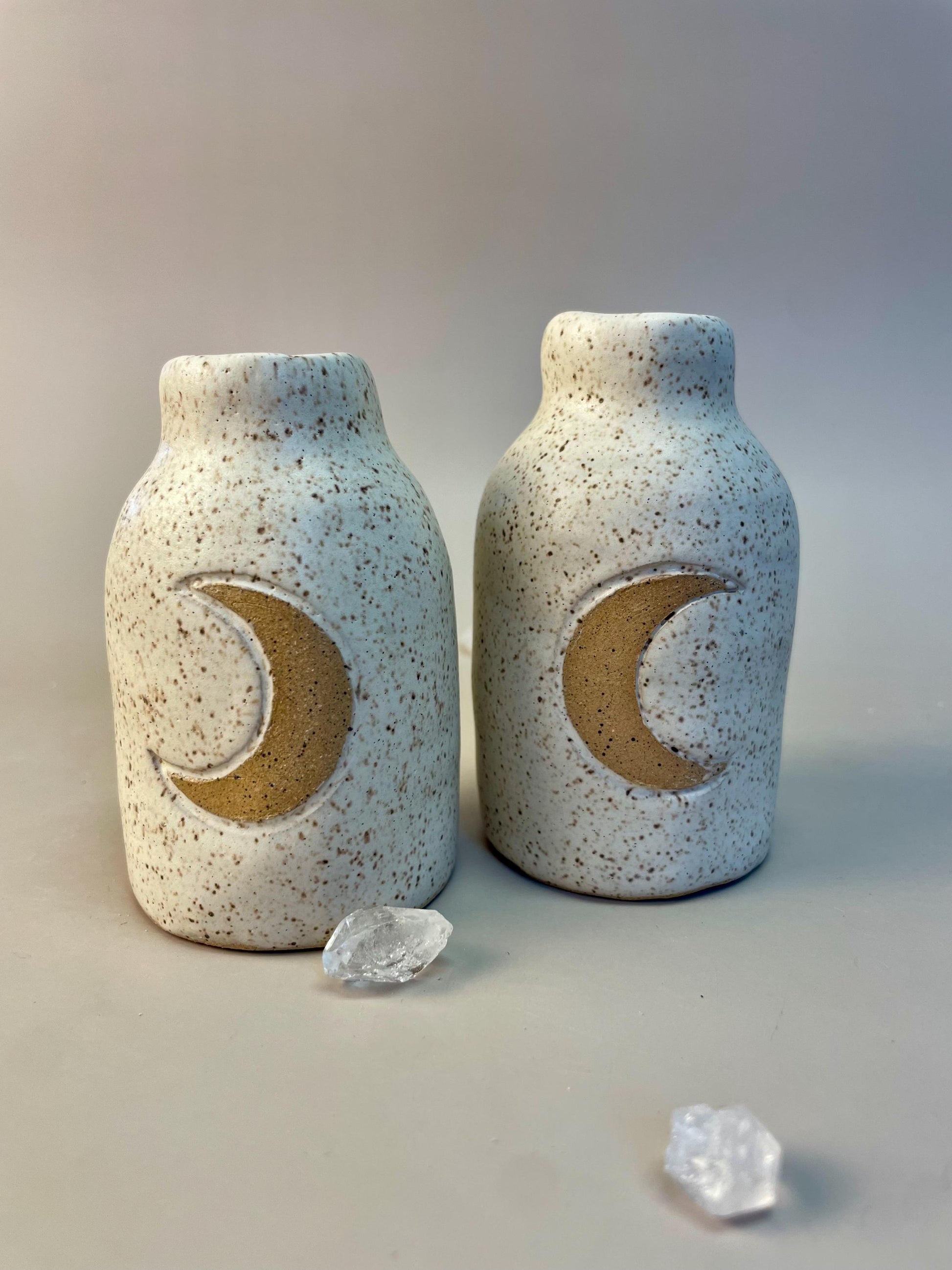 Handmade ceramic oatmeal crescent moon bottle