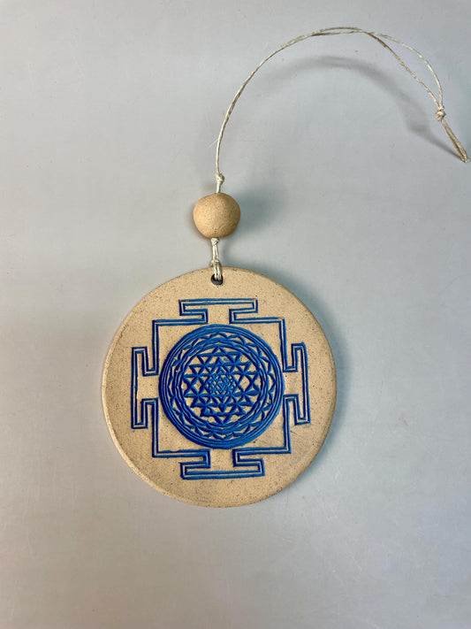 Sri Yantra indigo ceramic wall hanging