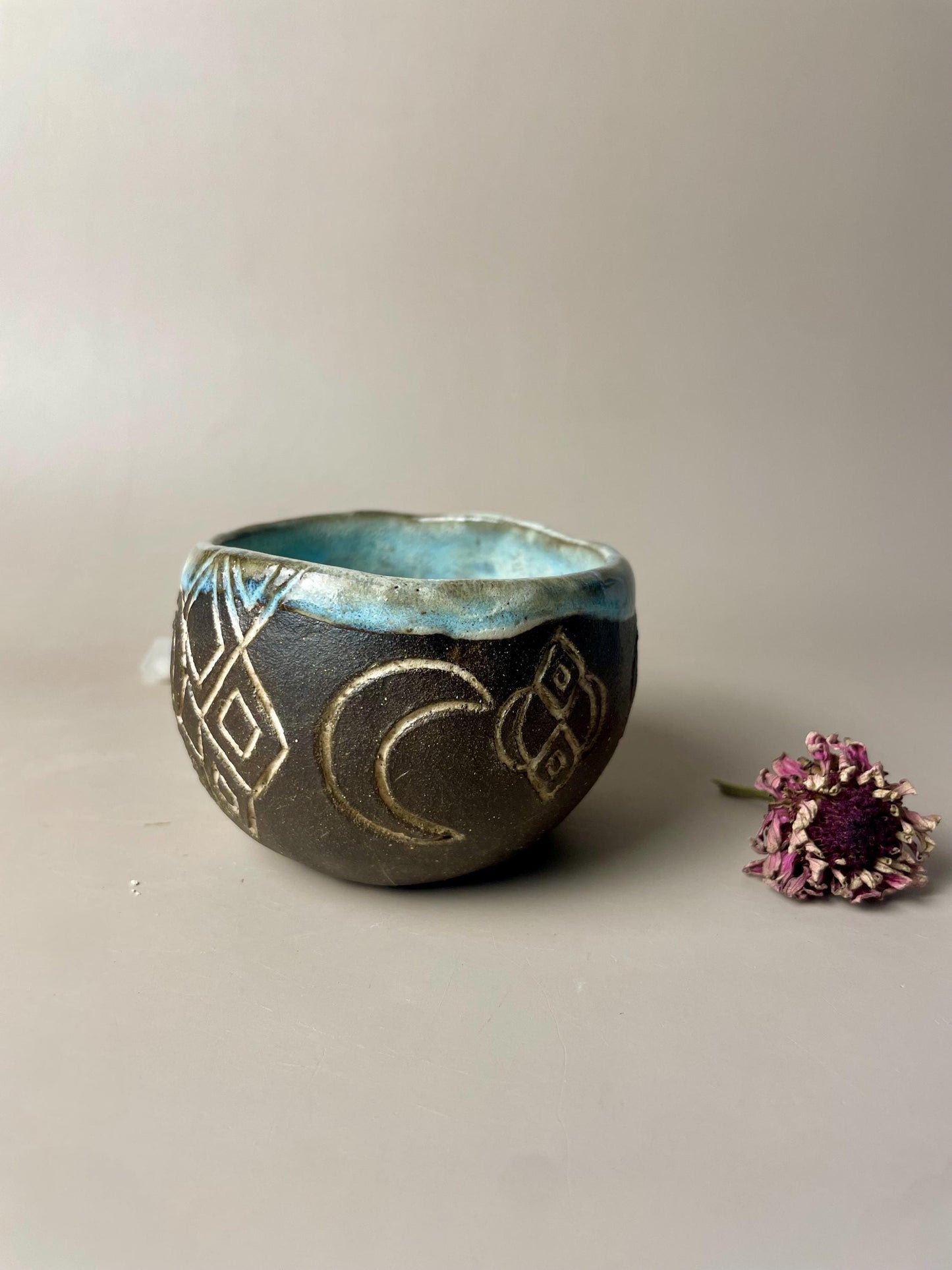 Handmade ceramic Newgrange inspired carved ritual cups