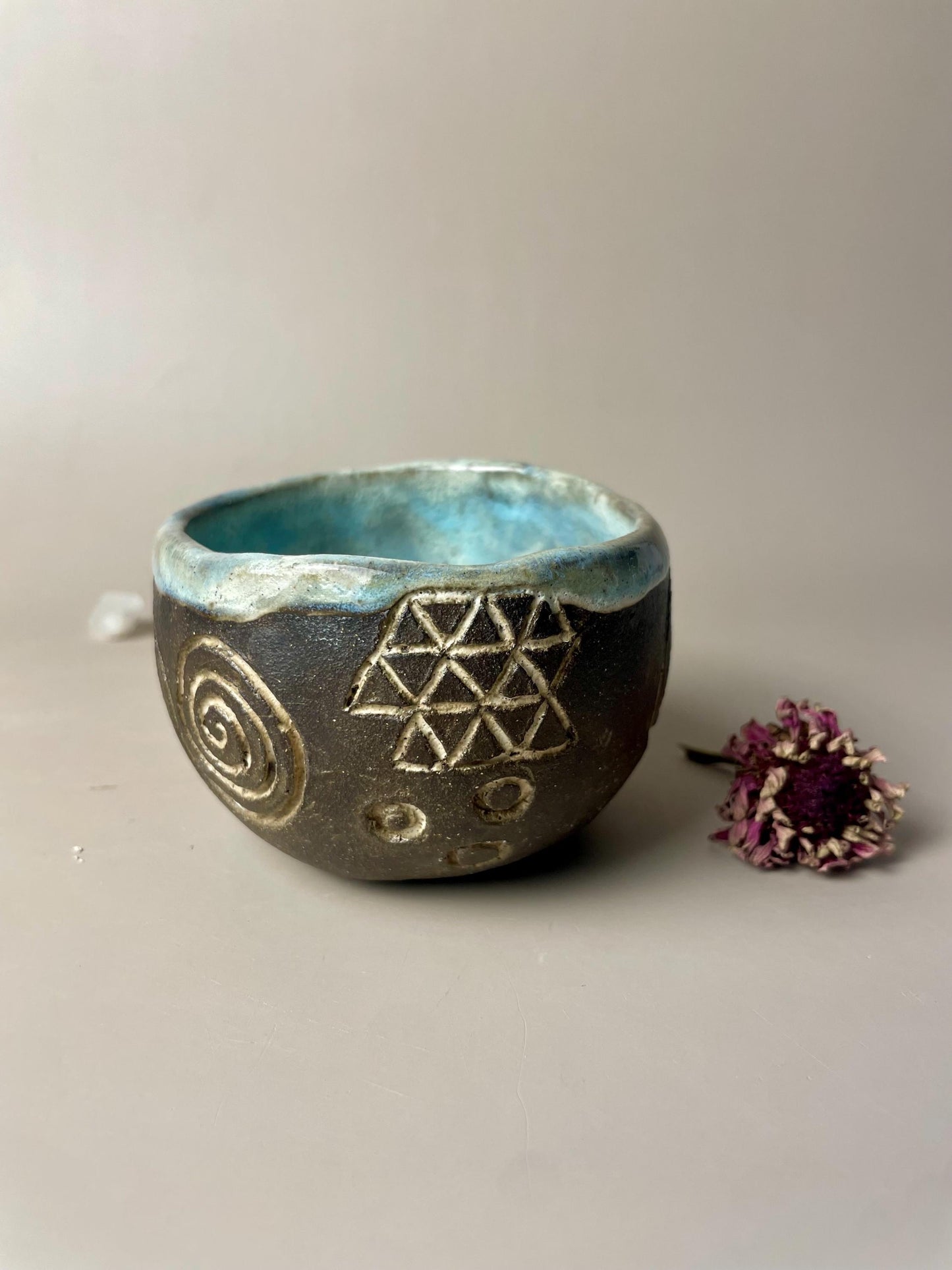 Handmade ceramic Newgrange inspired carved ritual cups