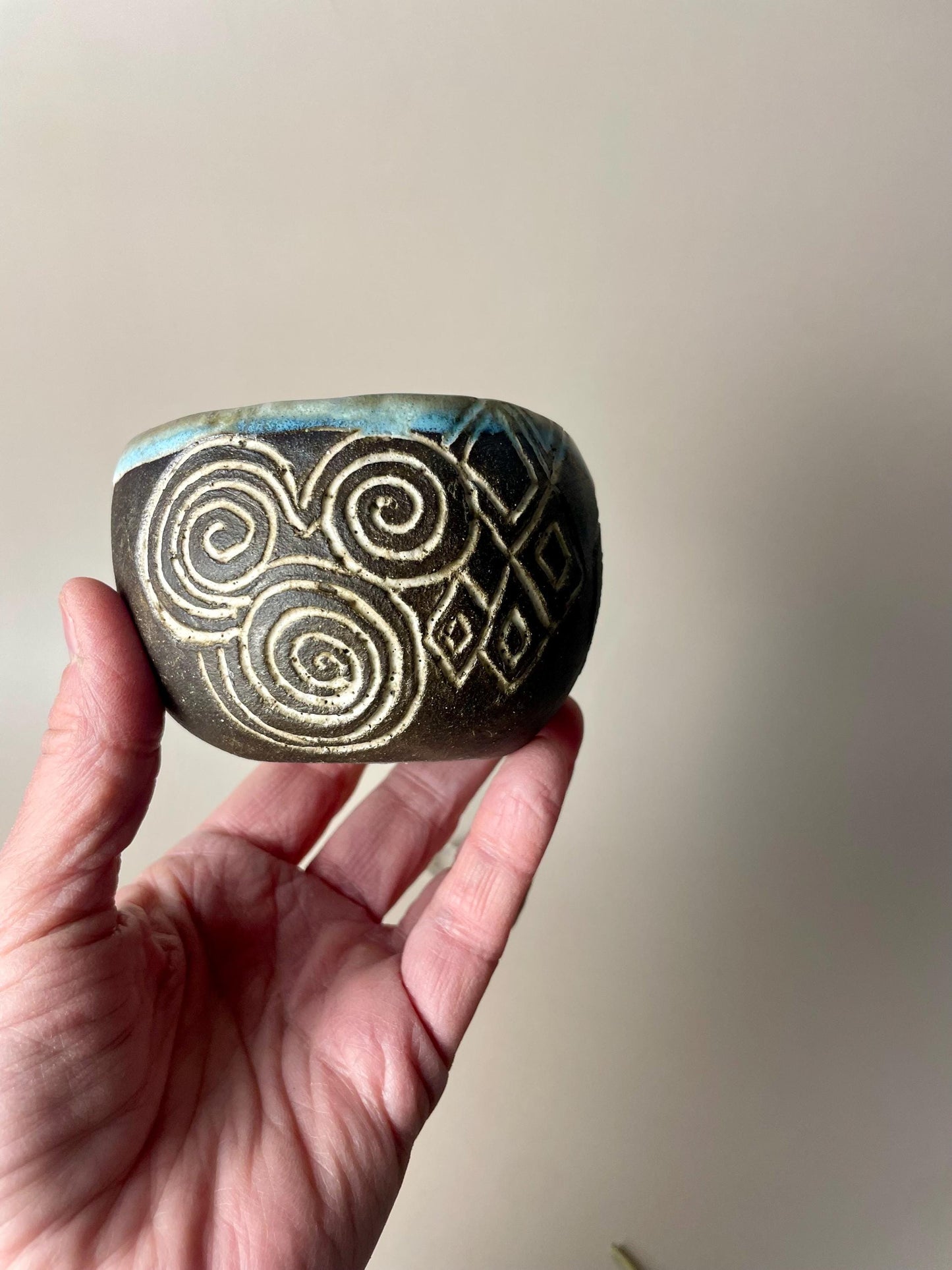 Handmade ceramic Newgrange inspired carved ritual cups