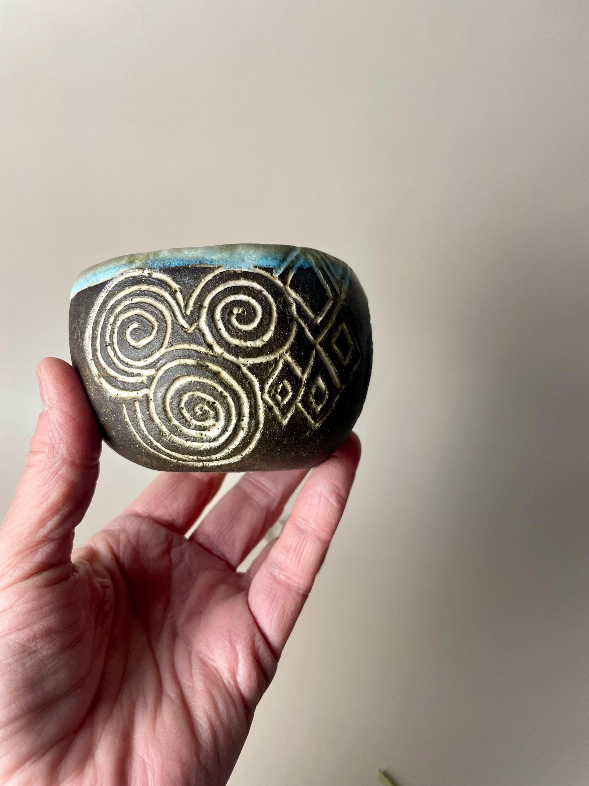 Handmade ceramic Newgrange inspired carved ritual cups