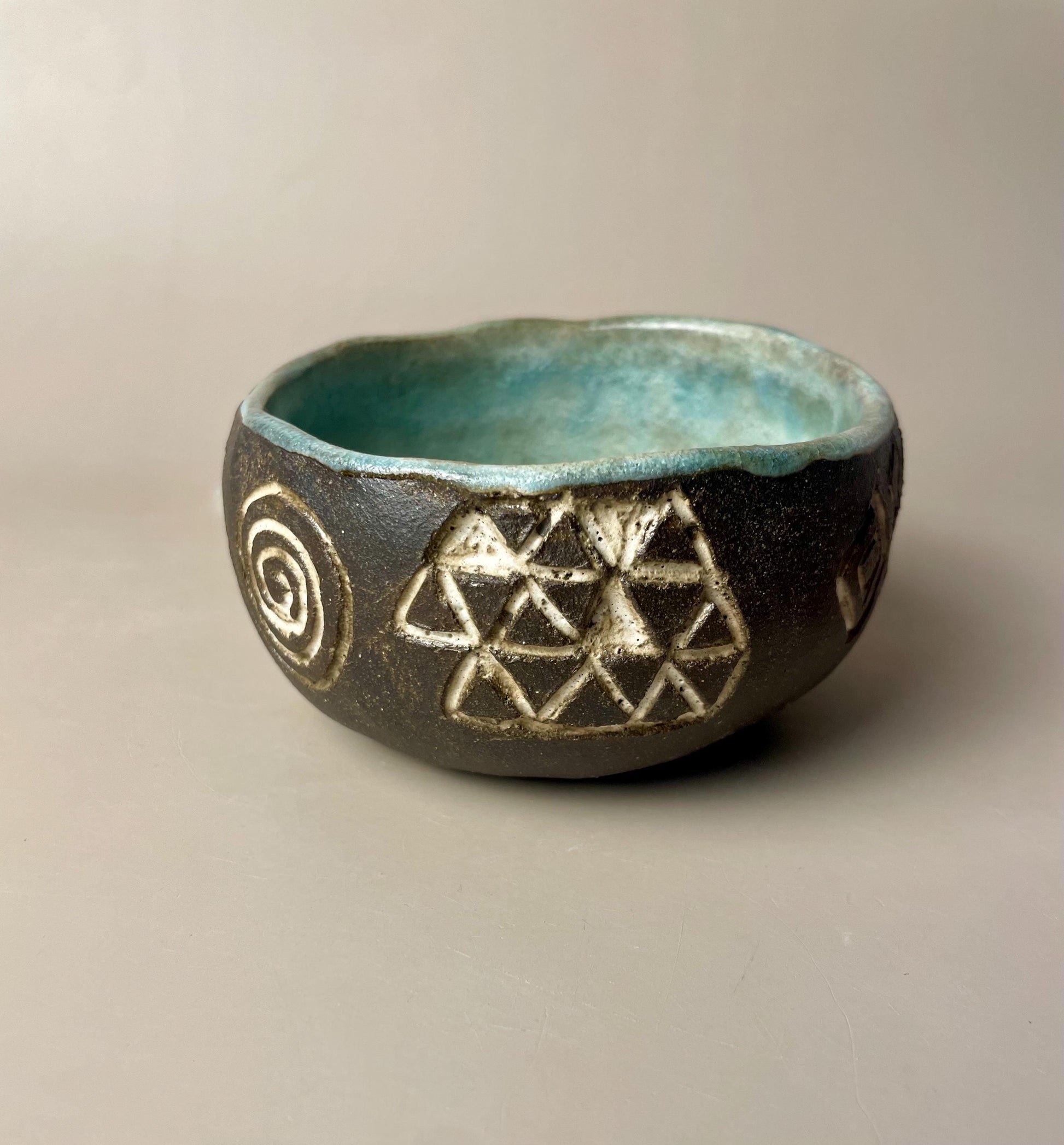 Handmade ceramic Newgrange inspired carved ritual bowls