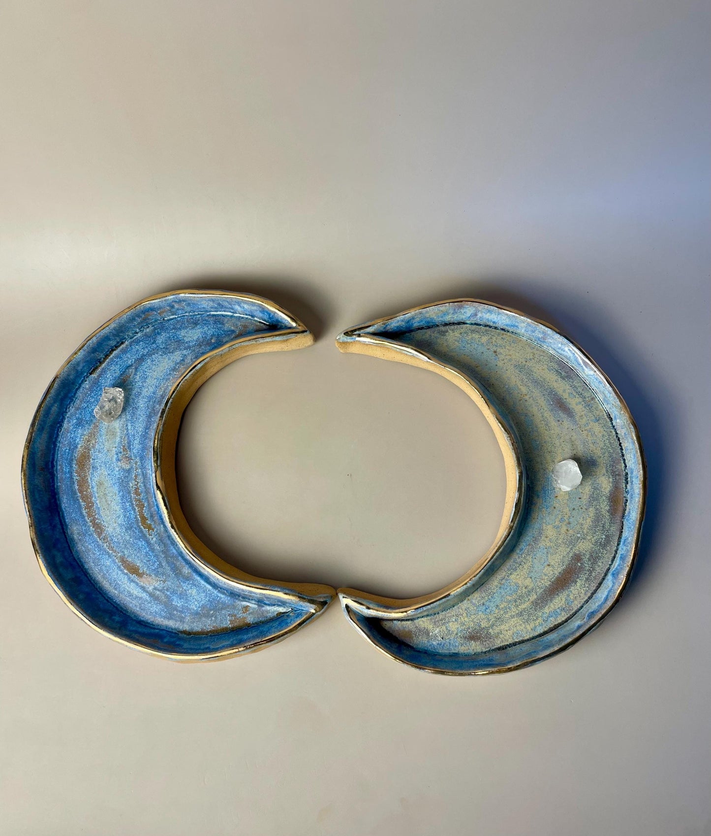 Handmade ceramic large blue and gold crescent moon dish