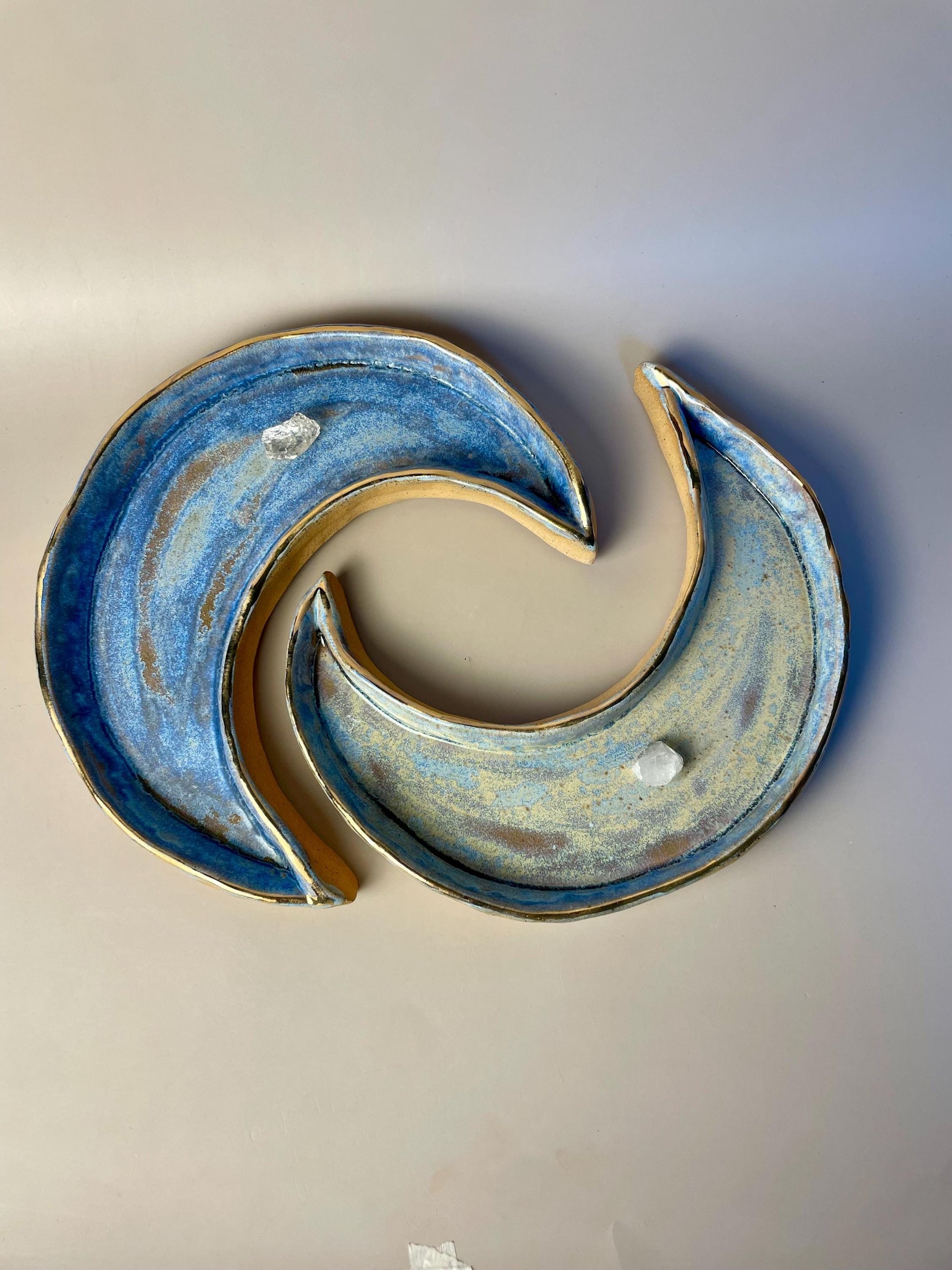 Handmade ceramic large blue and gold crescent moon dish