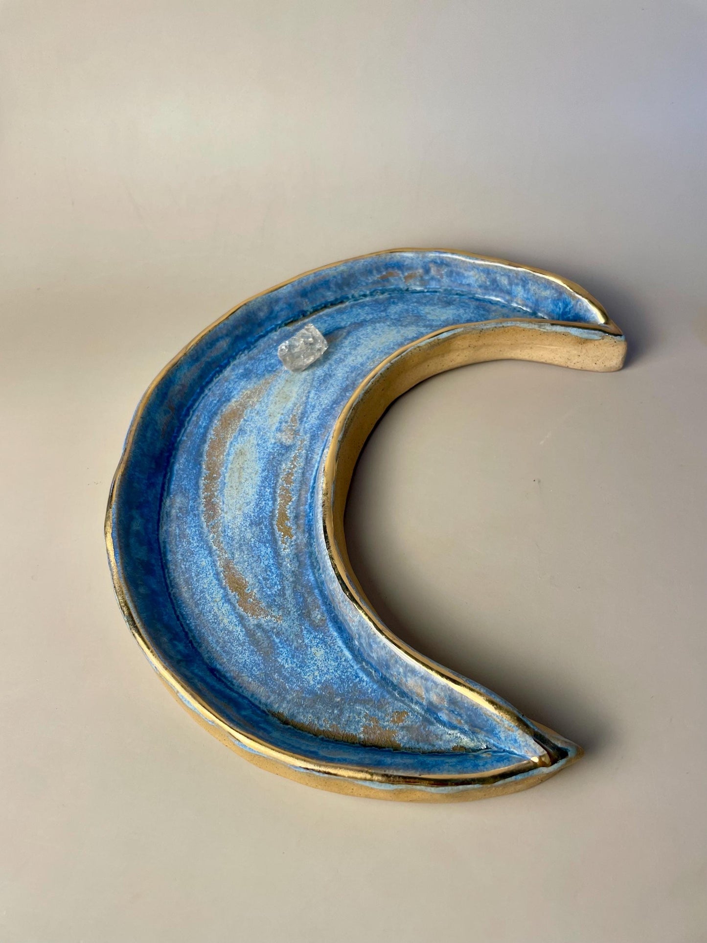 Handmade ceramic large blue and gold crescent moon dish