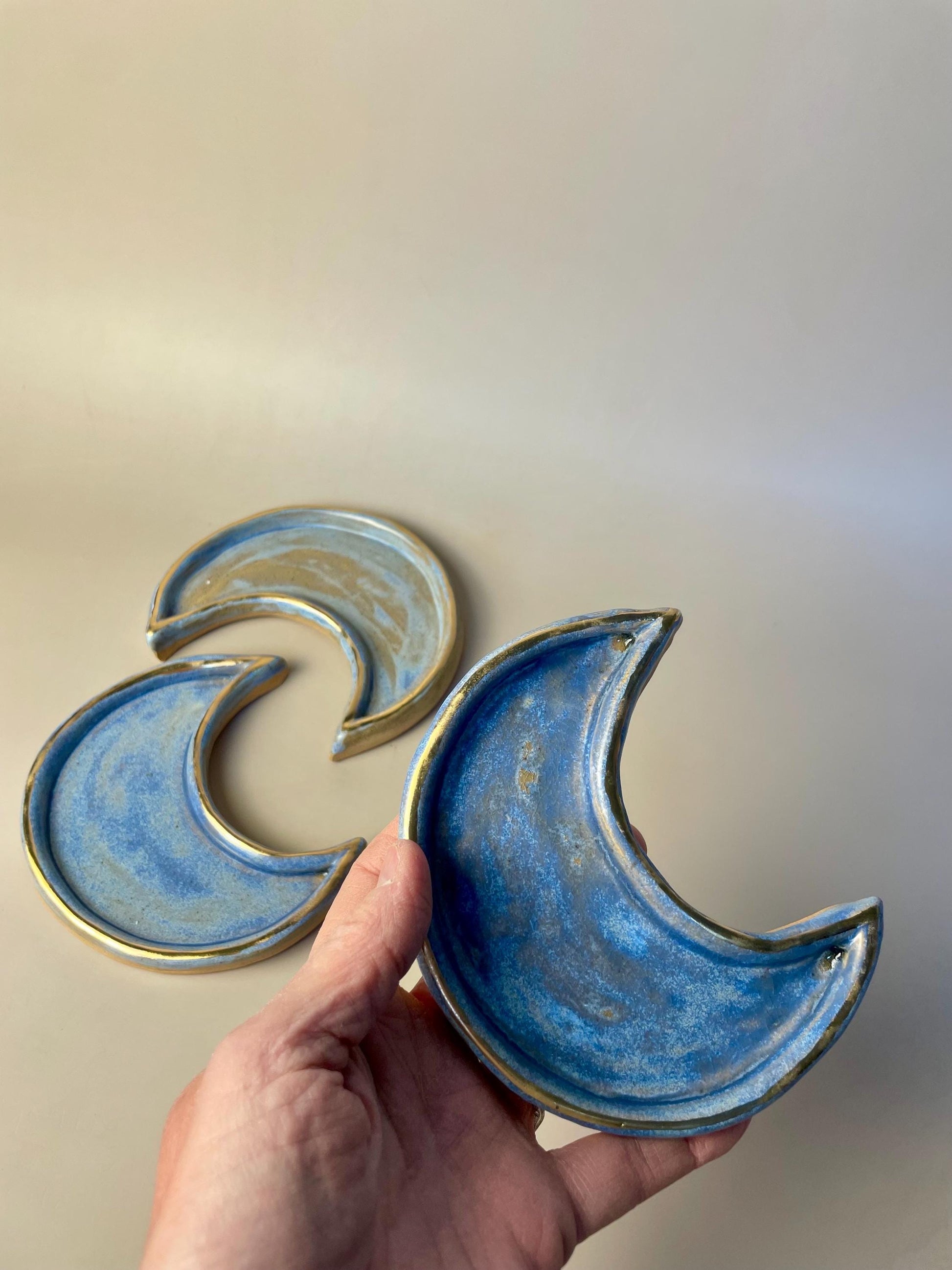 Handmade ceramic small blue and gold crescent moon dish