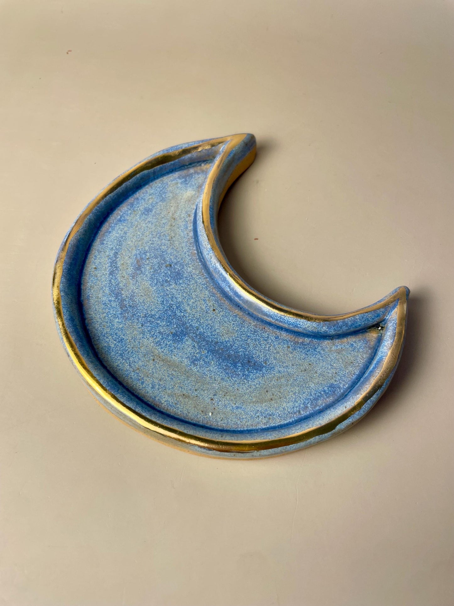 Handmade ceramic small blue and gold crescent moon dish