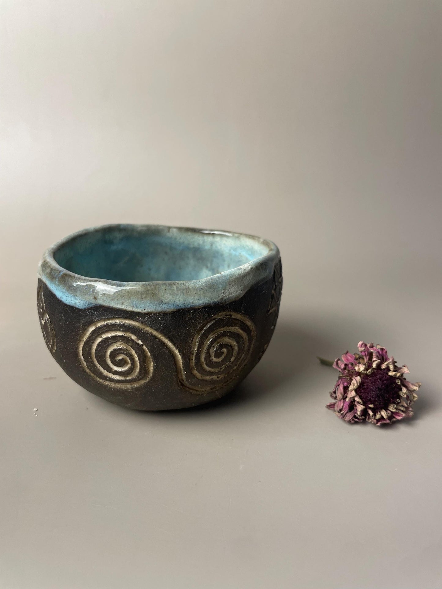 Handmade ceramic Newgrange inspired carved ritual cups