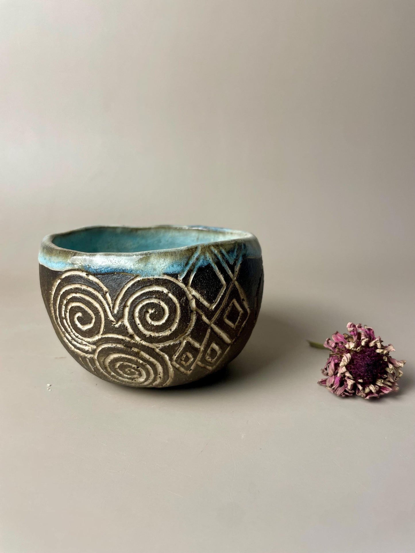 Handmade ceramic Newgrange inspired carved ritual cups
