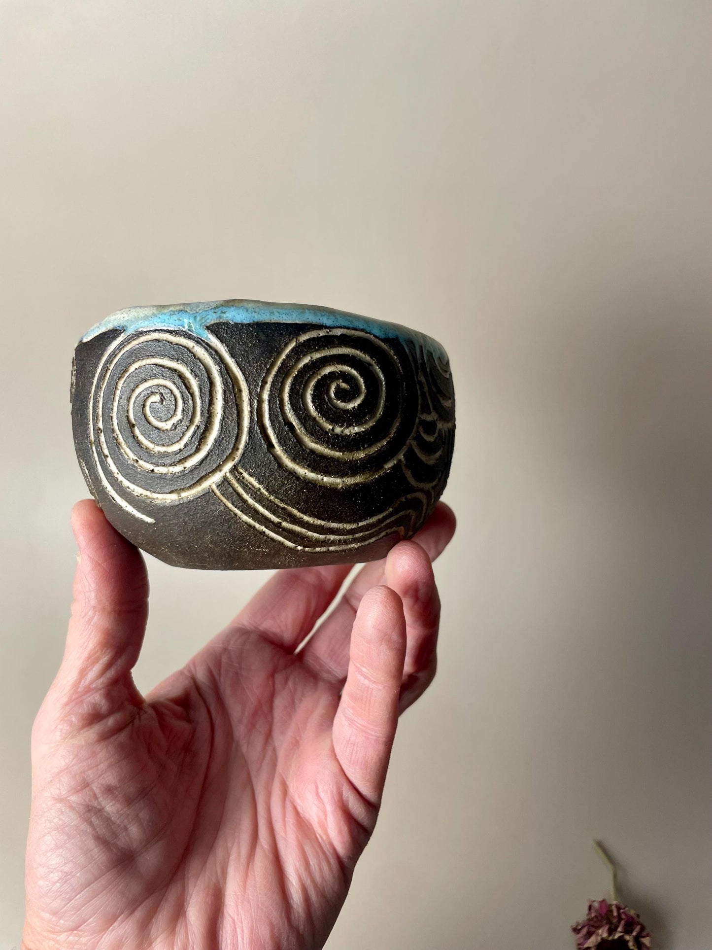 Handmade ceramic Newgrange inspired carved ritual bowls