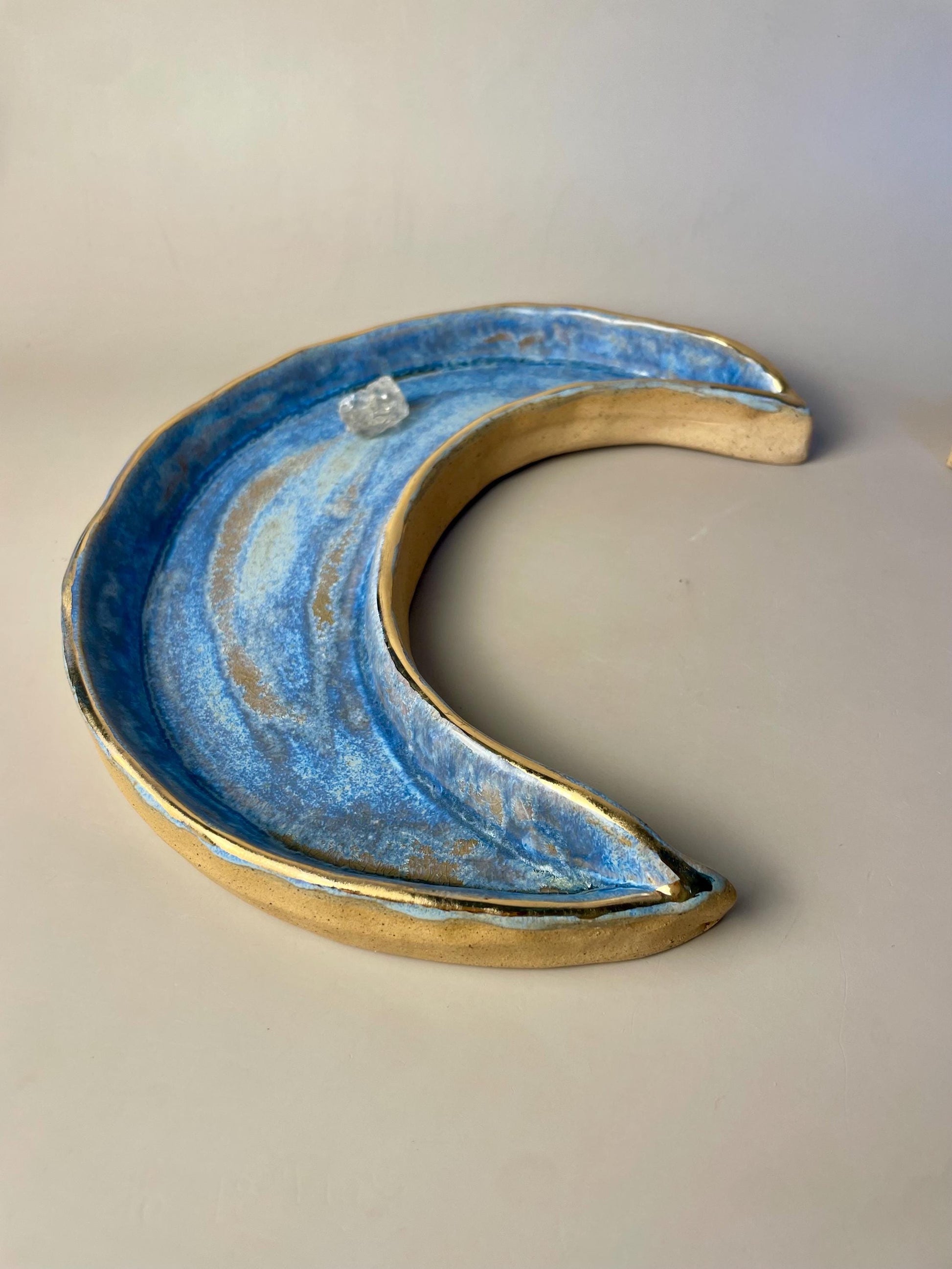 Handmade ceramic large blue and gold crescent moon dish