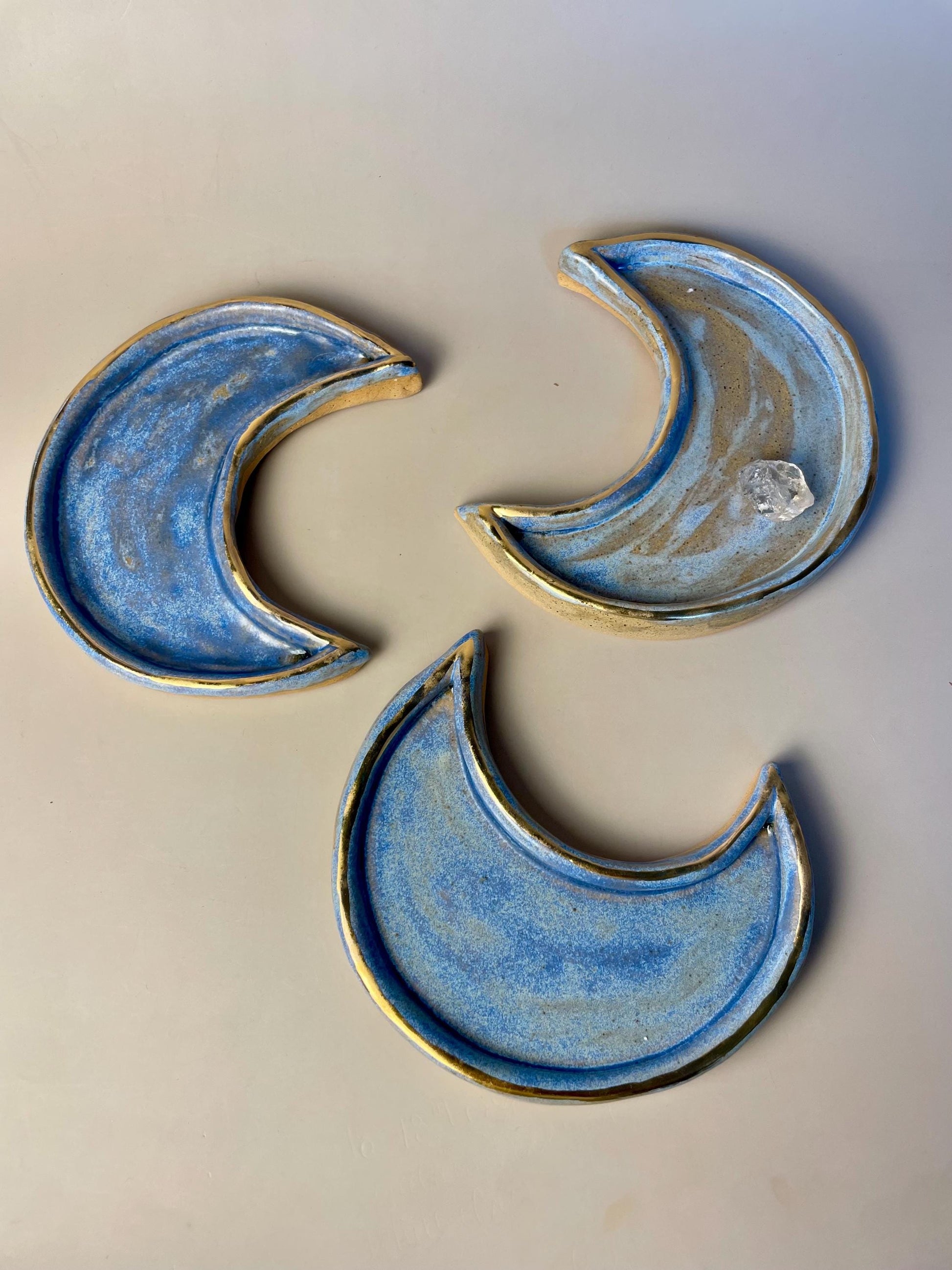 Handmade ceramic small blue and gold crescent moon dish