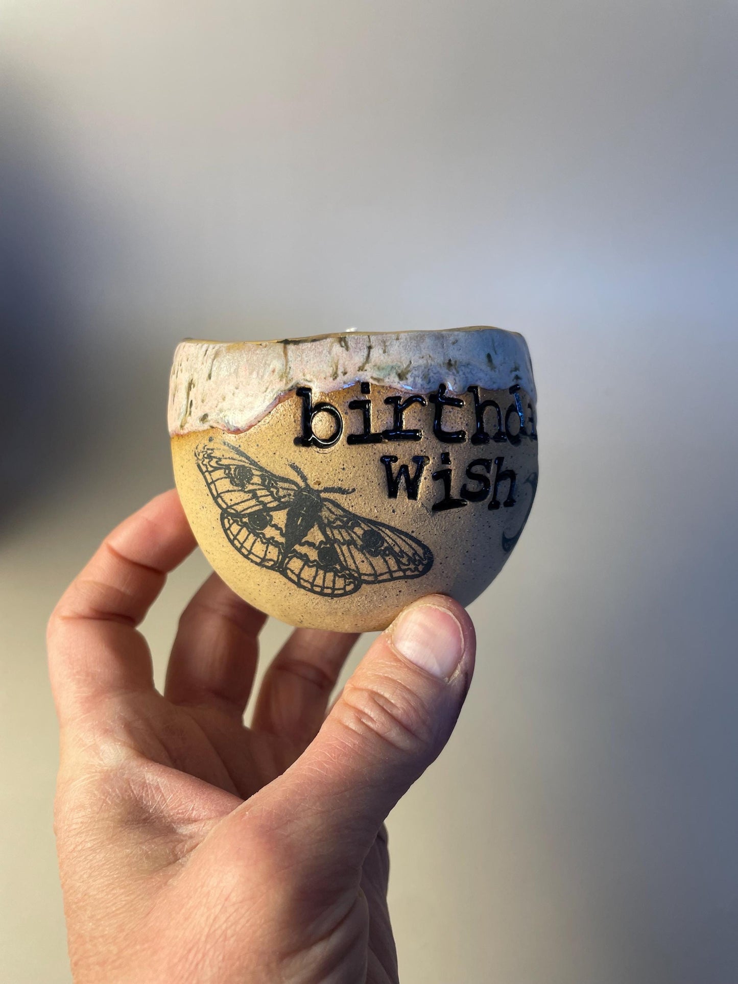 Handmade ceramic pink Birthday Wish candle with wish ritual